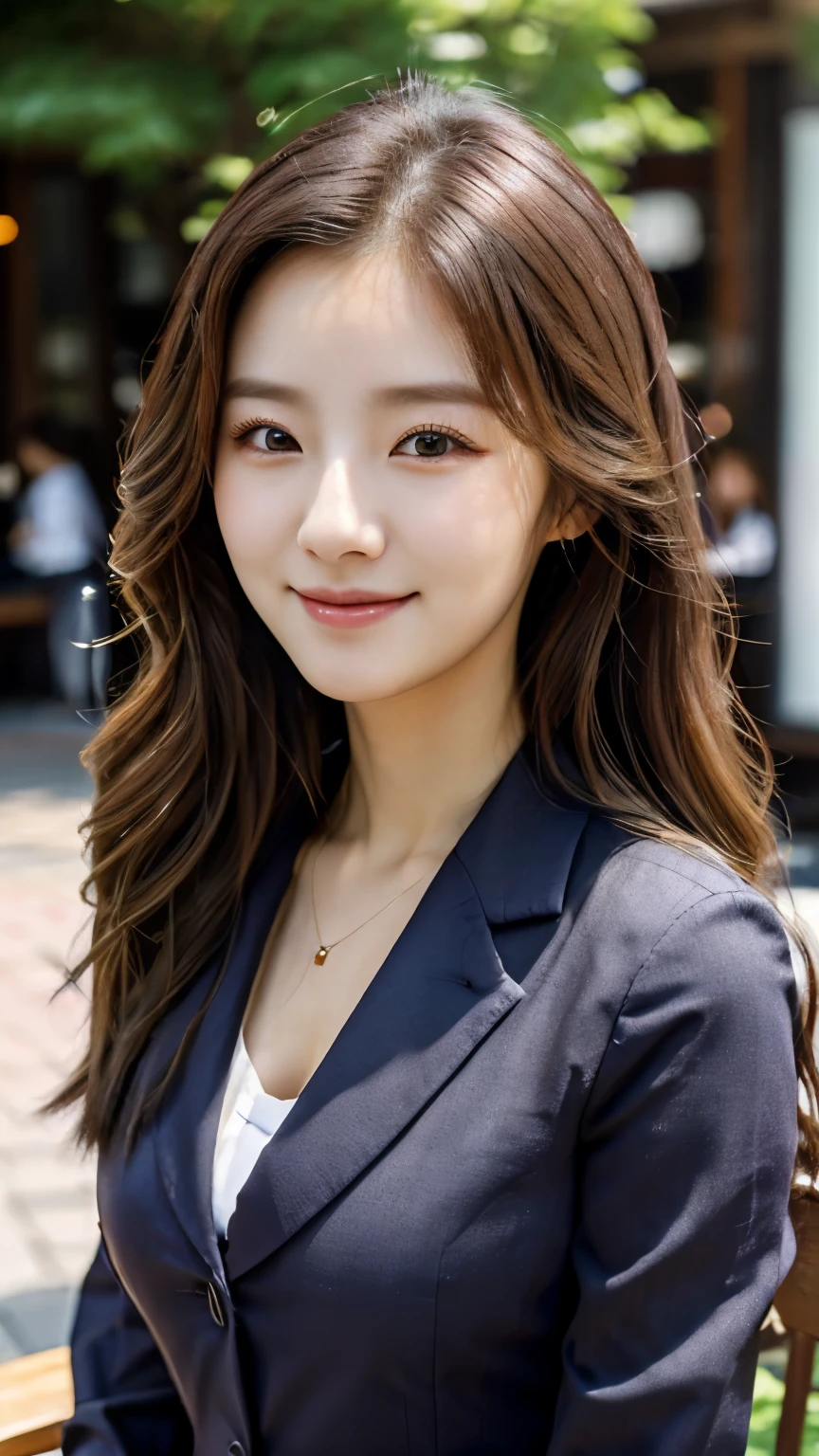 UHD, Extreme close-up of cute Korean female,Chest size 32 inches, wavy hair, slightly smile, wearing office suit uniform, standing in the office, bokeh background