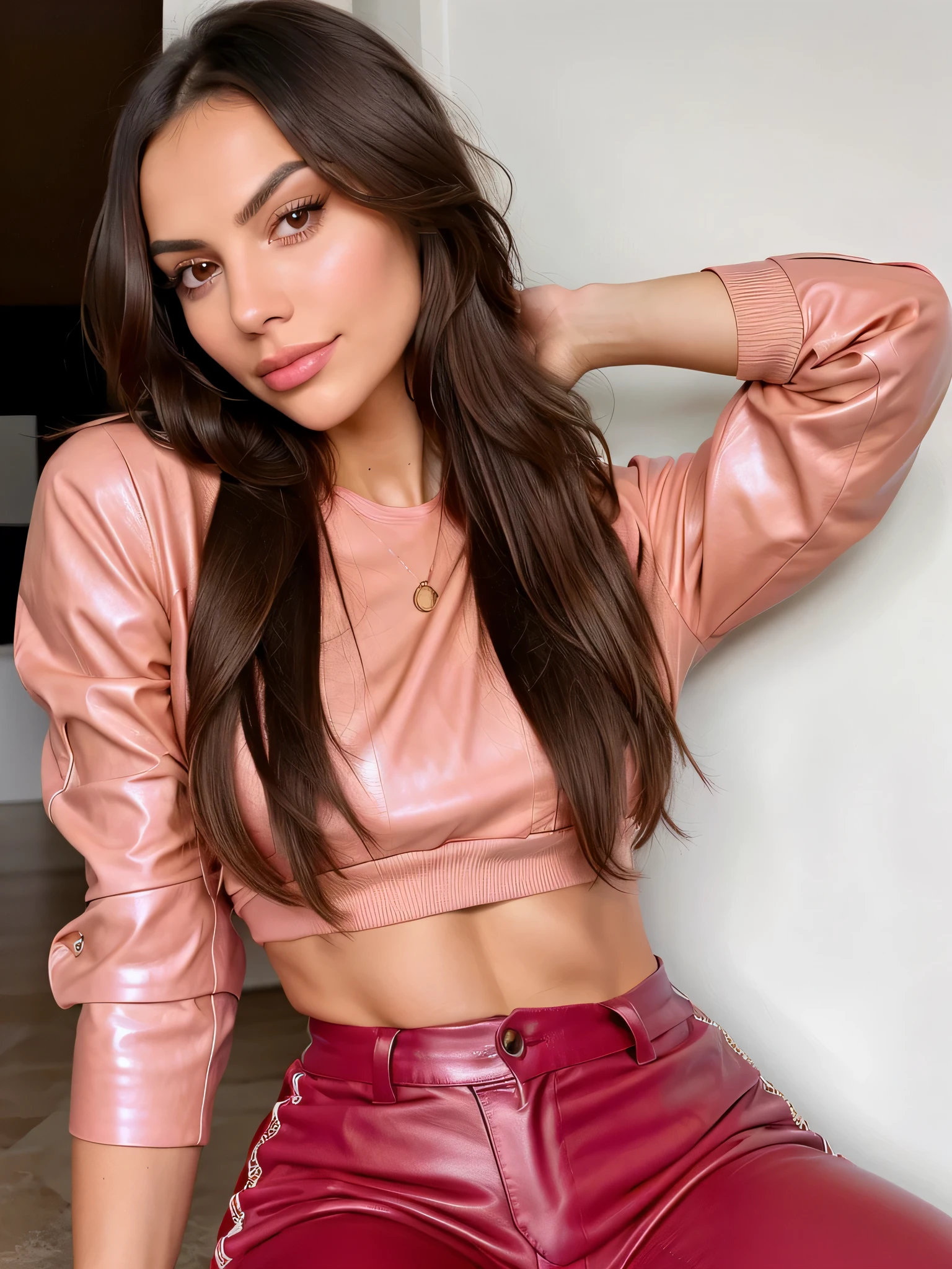 26 y.o. beautiful woman, spanish, long brown hair, Realistic, Victoria Justice, sharp details, detailed eyes, eye lashes, brows with visible brow hair, nose, lips, detailed skin texture with natural pores, fine lines, beautiful fit skinny body dressed in sexy pink leather top and pants
