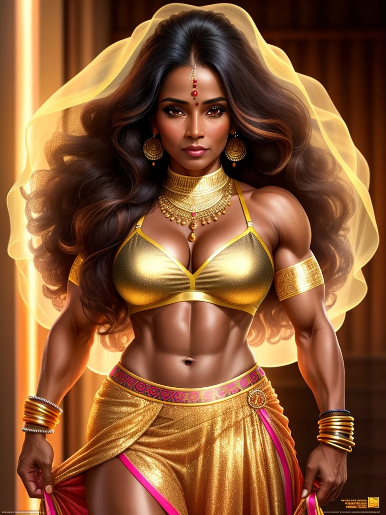 (best quality,realistic),1 female, 50-year-old, dark-skinned, long hair, bimbo, Indian, IFBB, gold bra, translucent skirt, detailed face, portraits, vivid colors, warm tones, soft lighting