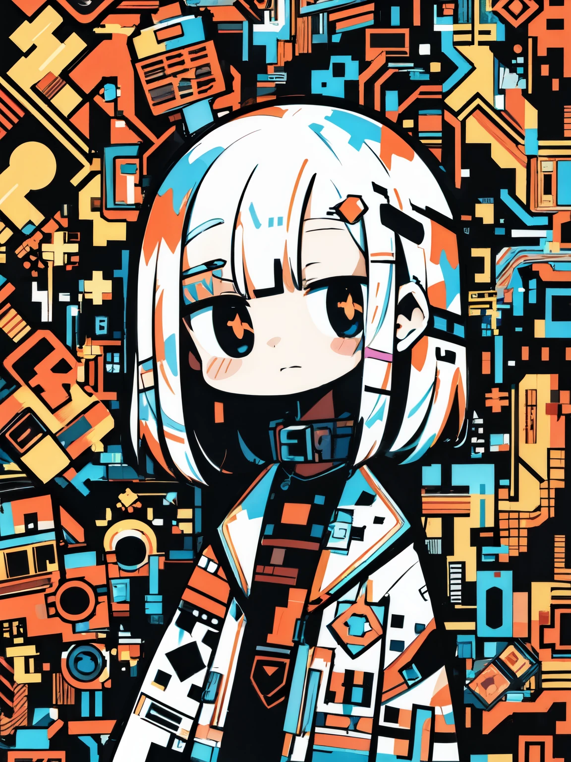 High-resolution, digital art quality with vibrant colors and sharp contrasts, featuring a glossy finish and clean lines. BREAK
Front-facing angle, close-up shot from the chest up, with a clear focus on the character’s face and upper torso. BREAK
A stylized female character with bobbed hair, bangs, large eyes, and a neutral expression, adorned with a modern, abstract-patterned outfit with geometric shapes and multiple colors. BREAK
An intricate background composed of a dense, graffiti-like array of symbols, shapes, and letters in a multitude of bright, neon colors, giving the impression of a digitally augmented reality.