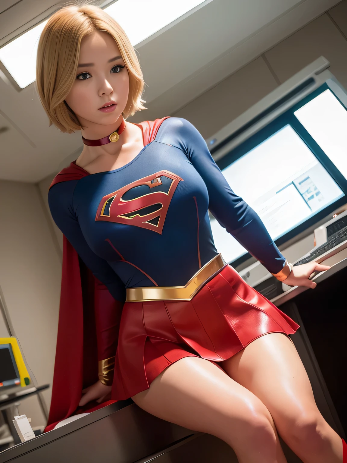 master piece,Supergirl costumes, short hair, barefoot, big and full breasts,operating room、operating table、straddle、corrupted、shiny、look at the camera、choker、long sleeve、red mini skirt