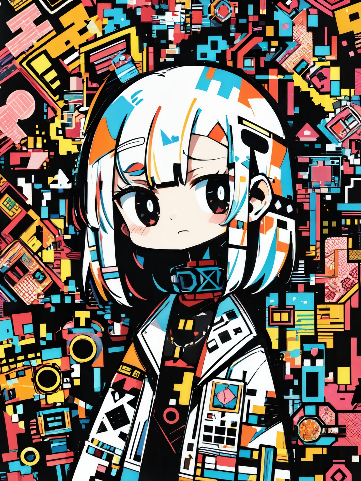 High-resolution, digital art quality with vibrant colors and sharp contrasts, featuring a glossy finish and clean lines. BREAK
Front-facing angle, close-up shot from the chest up, with a clear focus on the character’s face and upper torso. BREAK
A stylized female character with bobbed hair, bangs, large eyes, and a neutral expression, adorned with a modern, abstract-patterned outfit with geometric shapes and multiple colors. BREAK
An intricate background composed of a dense, graffiti-like array of symbols, shapes, and letters in a multitude of bright, neon colors, giving the impression of a digitally augmented reality.