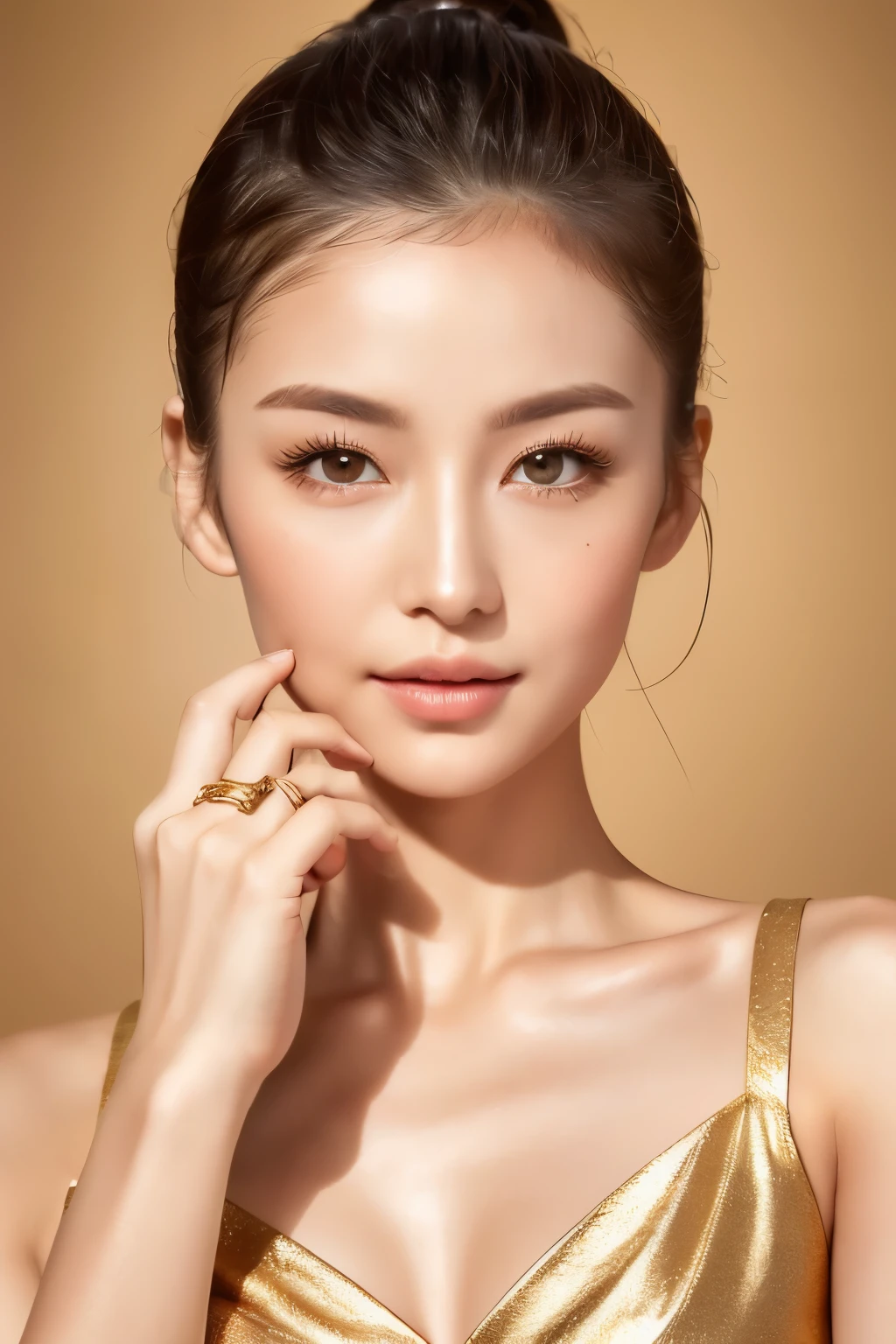 Masterpiece, (best quality), beautiful woman, ponytail, Fine texture of the skin,(The details of the face are very beautiful.)(best quality:1.4), raw photos, glossy lips, expressive eyes, movie light, Perfect Figure, full body, bare, Gold background,Hand showing diamond ring