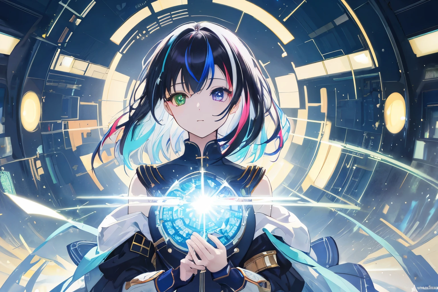 {{masutepiece}}, Best Quality, the Extremely Detailed CG Unity 8K Wallpapers, Cinematic lighting, Lens Flare, Beautiful detail eyes, Black, side glance, Multicolor Hair, Colorful light, Particle, Heterochromia, (Colorful:1.5), (Colorful hair:1.5), Create exquisite illustrations reminiscent of Makoto Shinkai's style, It has ultra-fine details and top-notch quality. Generate a high-quality illustration of a library existing in a fantastical cosmic space, where a wandering girl is exploring. Craft a masterpiece with meticulous attention to detail, capturing the overall nostalgic and fantastical ambiance of the scene. Highlight the sense of awe and curiosity as the young girl explores the intricacies of this otherworldly library. Aim for the best possible quality, delivering a visually captivating and emotionally resonant composition best quality, masterpiece