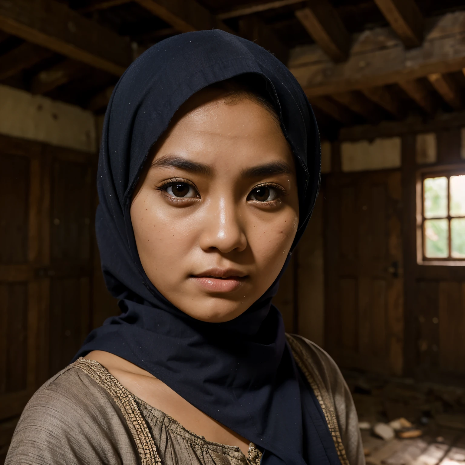 Bright skin malay girl, beautiful round eyes. Wearing hijab, thorned dress, inside old wood house. Fear expression.