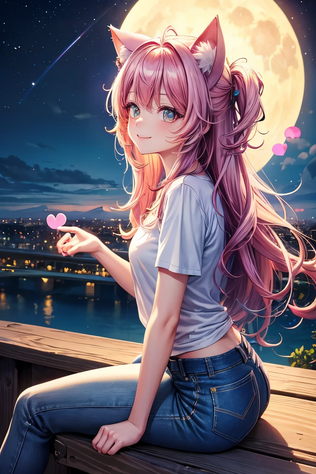 Top quality, high resolution, perfect human body structure, from side, rainbow hair, glowing hair, cat ears, background with flowers, moon, sitting, colorful, pastel colors, cityscape, heart shaped pupils , wavy hair, shiny hair, smiling, on a cliff, t-shirt, jeans,