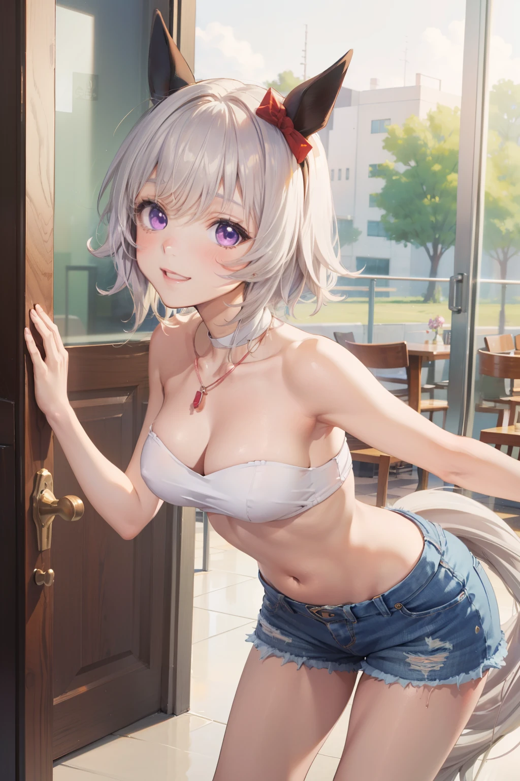 curren chan \(umamusume\), anime girl with long white hair and purple eyes posing in a hallway, restaurant door, expensive restaurant, seductive anime girl, small curvy , perfect white haired girl, attractive anime girl, beautiful anime girl, cute anime girl, girl with white hair, smooth anime cg art, pretty anime girl, anime style 4 k, anime best girl, anime girl, 4k anime wallpaper, denim shorts, small breasts, masterpiece, necklace, smiling, navel, leaning forward, hands on back, short hair, horse ear, horse tail, white bandeau, cleavage, stomach, smartphone