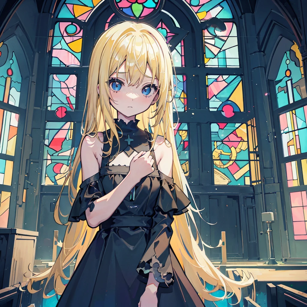 (1 girl, blonde hair, black sundress, kawaii), (abandoned church, light blue and ponk stained glass)