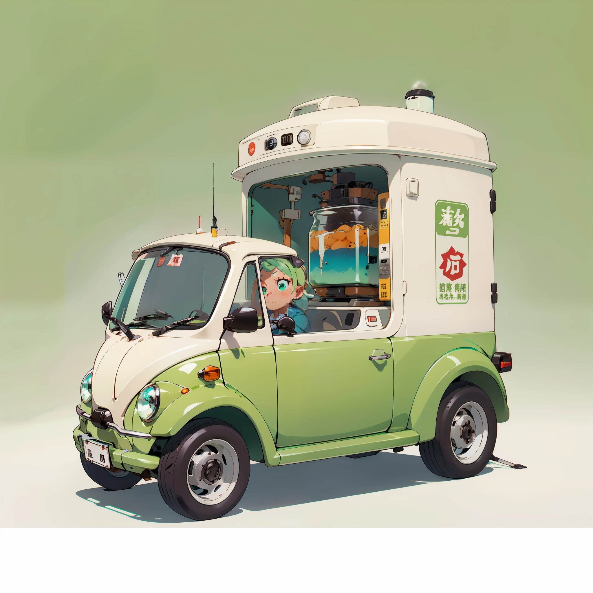 A lovely coffee cart，Inspired by:【Wuling Hongguang minicar】and a【Mini Beetle】，Equipped with a professional large coffee machine，Fancy green high detail，32k超高清，industrial design，product design，WHITE BACKGROUND，White environment，studiolight，ultra Realistic，highdetailed，Lateral face，Side view。