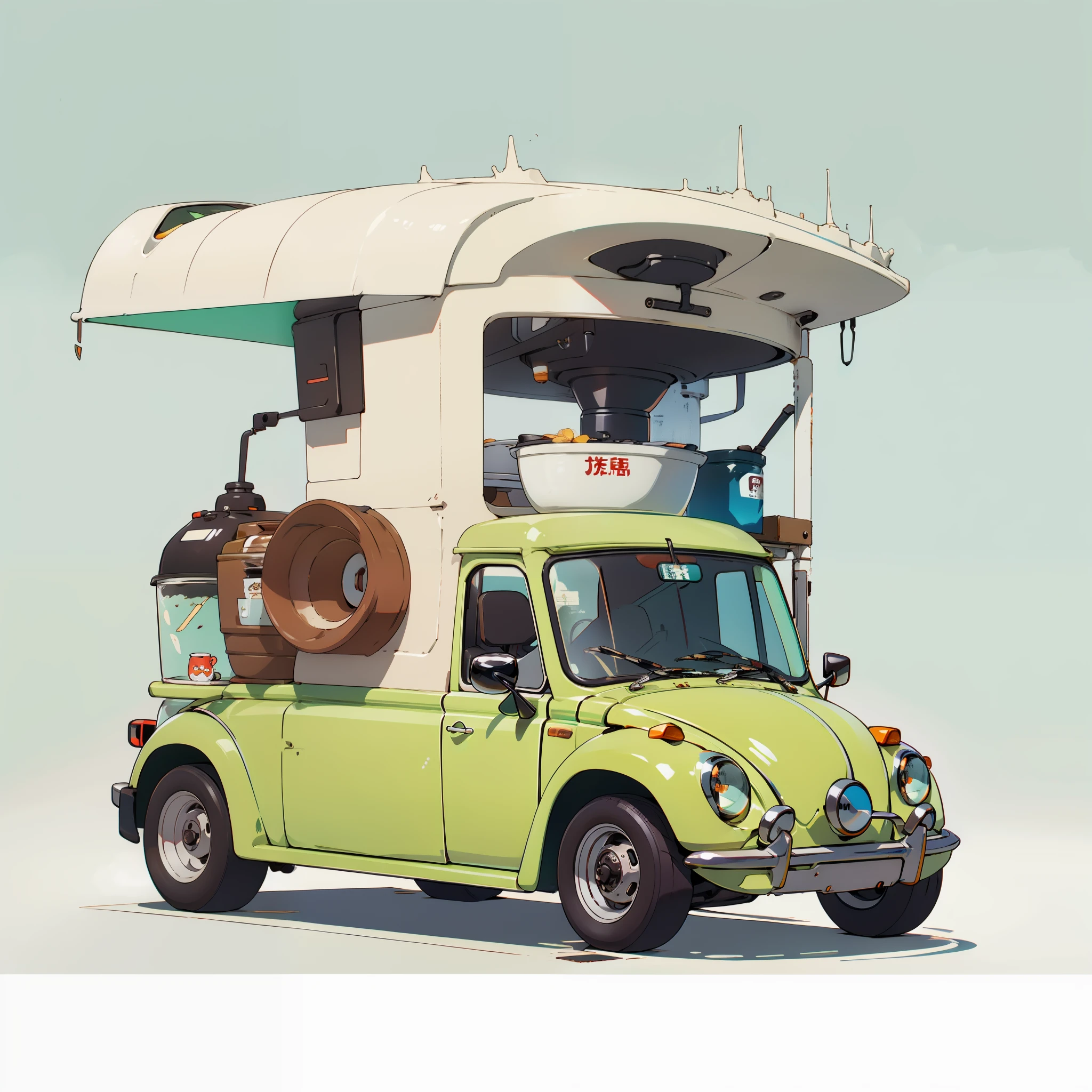 A lovely coffee cart,Inspired by:【Wuling Hongguang minicar】and a【Mini Beetle】,Equipped with a professional large coffee machine,Fancy green high detail,32k超高清,industrial design,product design,WHITE BACKGROUND,White environment,studiolight,ultra Realistic,highdetailed,Lateral face,Side view。