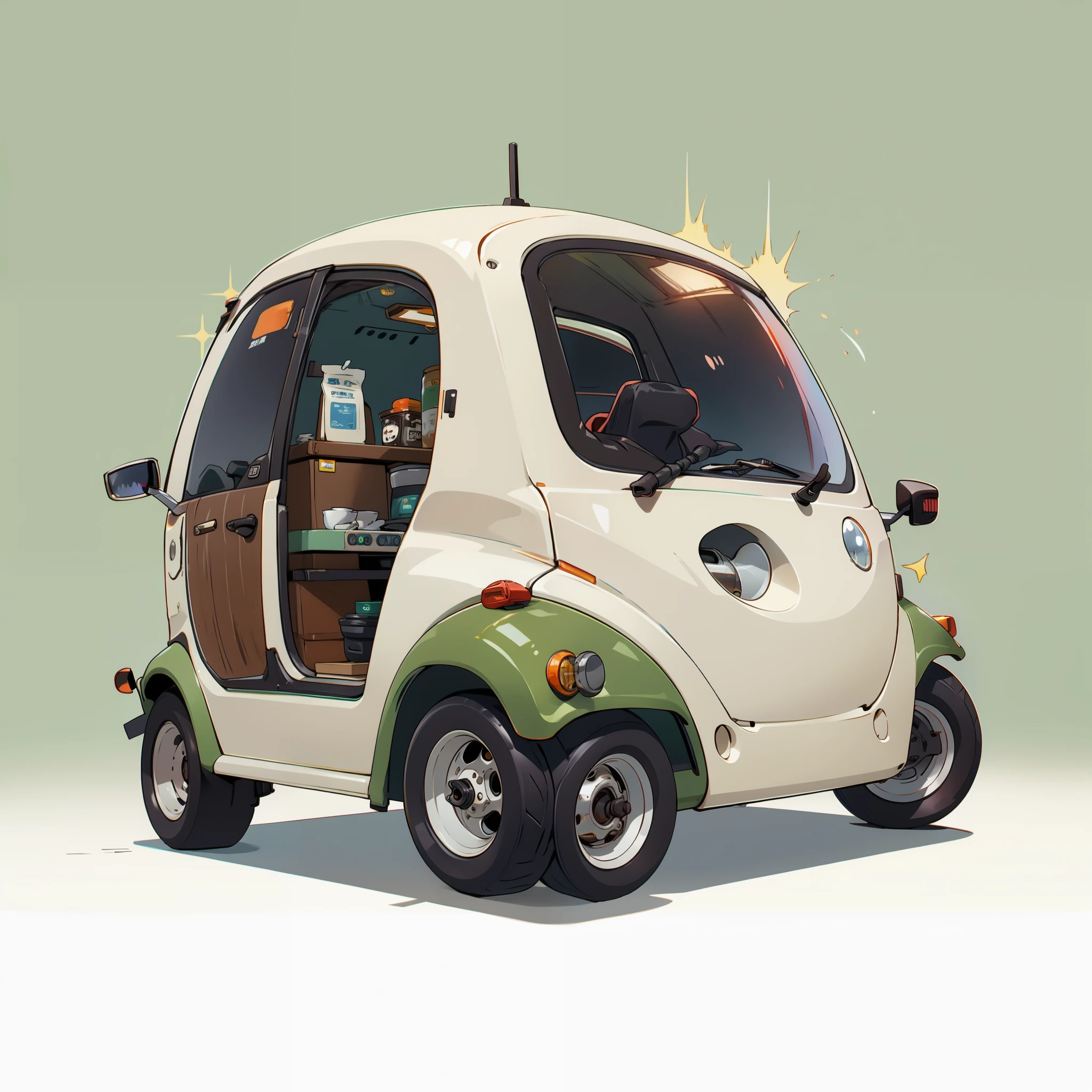 A lovely coffee cart,Inspired by:【Wuling Hongguang minicar】and a【Mini Beetle】,Equipped with a professional large coffee machine,Fancy green high detail,32k超高清,industrial design,product design,WHITE BACKGROUND,White environment,studiolight,ultra Realistic,highdetailed,Lateral face,Side view。