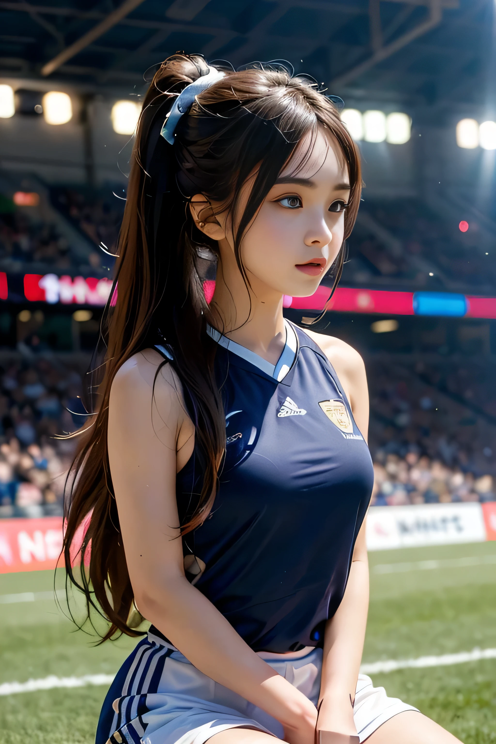 (8K、top-quality、tmasterpiece:1.2)、(hentail realism、Photorealsitic:1.37)、ultra - detailed、top-quality、超A high resolution、profetional lighting、photon maping、Radio City、physically-based renderingt、Cinematic lighting、play soccer、depth of fields,on focus,rays of sunshine,Well structured,(the background is blurred:1.2),1 rapariga,(full body Esbian),(Keep your mouth shut),Beautiful eyes,Lewd poses,zoomed out,football uniform,brunette color hair,Beautiful straight hair,poneyTail(ulzzang-6500:1.2) mix4, hiqcgbody、Sweaty beauty、large full breasts、Beautiful woman in football uniform、Dramatic Sexy、Realistic Photos、Soccer court、Face with exquisite details、Beautiful and perfect、Muscular beauty
