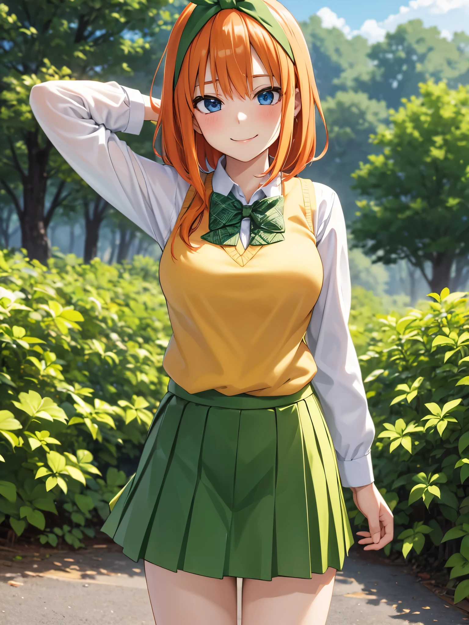 2d, masterpiece, best quality, anime, highly detailed, 1girl, solo, cowboy shot, nakano yotsuba, orange hair, hair bow, green bowtie, yellow sweater, collared shirt, green skirt, miniskirt, medium breasts, standing, school, outdoors, smile