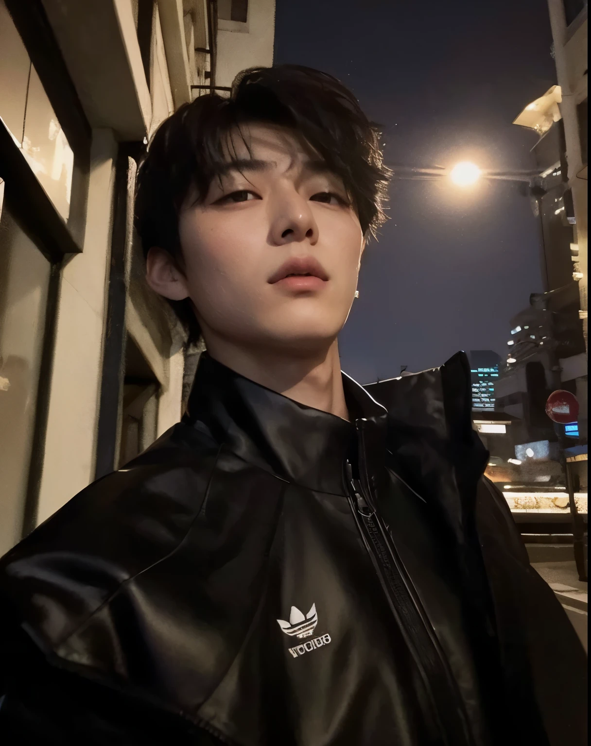 Jungkook standing on the street at night with a city in the background, Kim Tae, Jung Jaehyun, pintar ulzzang, Jungkook Hyung, homem sul-coreano, inspirado em Jungkook do grupo BTS, profile picture with headshot, JUNGKOOK, 25 anos, rosto magro MEDIANO, adorable and pale korean face, young pale angel, androgynous prince