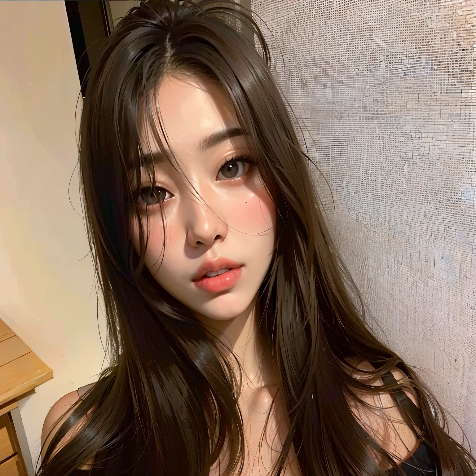 Un primer plano de una mujer con cabello largo con una blusa negra, ulzzang, muchacha coreana, joven y adorable rostro coreano, con cara redonda, pale korean adorable face, hermosa mujer surcoreana, jaeyeon nam, chica linda-cara-fina, hermosa joven coreana, rasgos de la cara coreana, maquillaje popular de corea del sur, 19 year old girl
