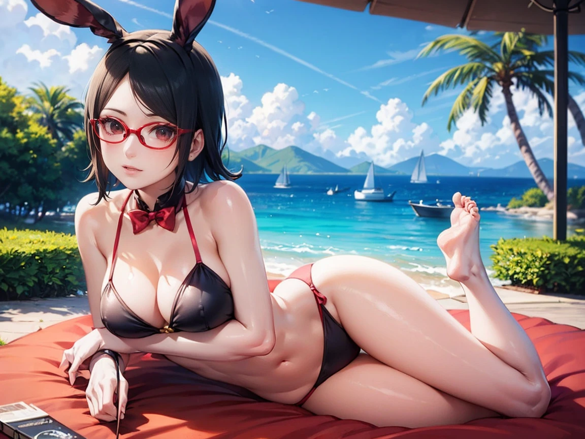 Sarada Uchiha, (melhor qualidade, high resolution:1.2), ultra-detalhado, realista, Retratos, cores vibrantes, forest vibes, golden hour lighting, bikini, curvas deslumbrantes, grama macia, ondas refrescantes, Tropical paradise, exotic foliage, summer breeze, seductive expression , sexualmente sugestivo, pose sedutora, corpo todo, Coxas, pernas, Cute feet , seios pequenos, peito achatado , cabelo preto curto e sedoso , red eyewear , orelhas de coelho. Fantasia de coelhinha, sexy rabbit