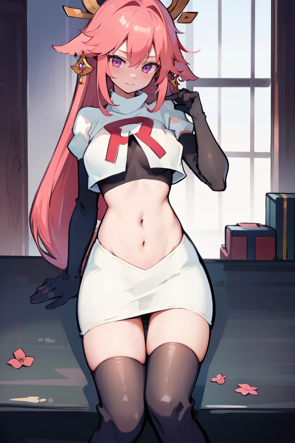 ((masterpiece, best quality)),8k ,Yae miko,1girl, \n/, animal ears, breasts, earrings, flower, fox ears, gem, hair between eyes, hair ornament, jewelry, long hair, medium breasts, miko, pink eyes, pink flower, pink hair, purple gemstone, sidelocks,team rocket,team rocket uniform,white skirt,crop top,black thigh-highs,black elbow gloves,