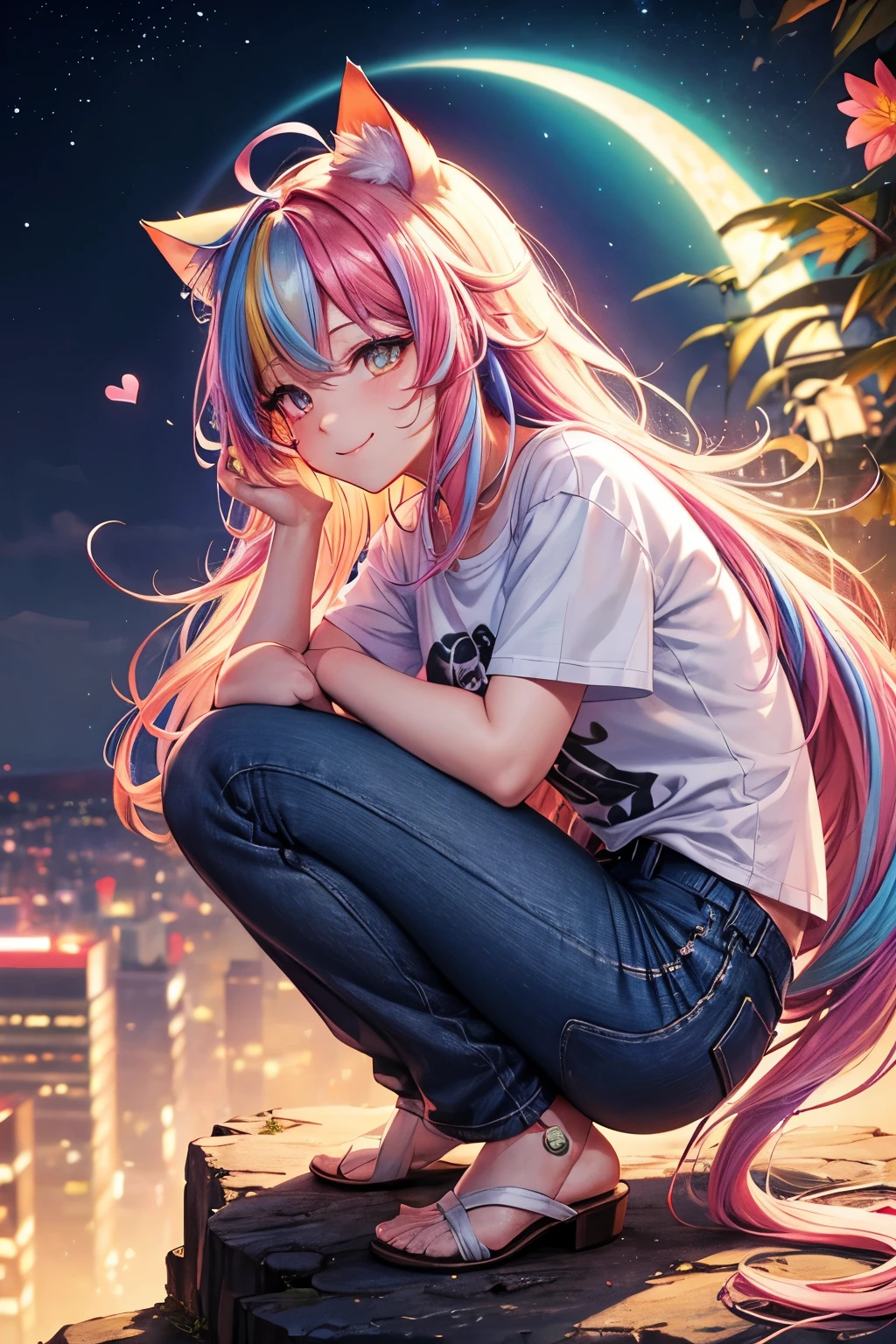 Top quality, high resolution, perfect human body structure, from side, rainbow hair, glowing hair, cat ears, background with flowers, moon, colorful, pastel colors, cityscape, fetal position , heart shaped pupils, wavy hair, shiny hair, smiling, cliff top, t-shirt, jeans,