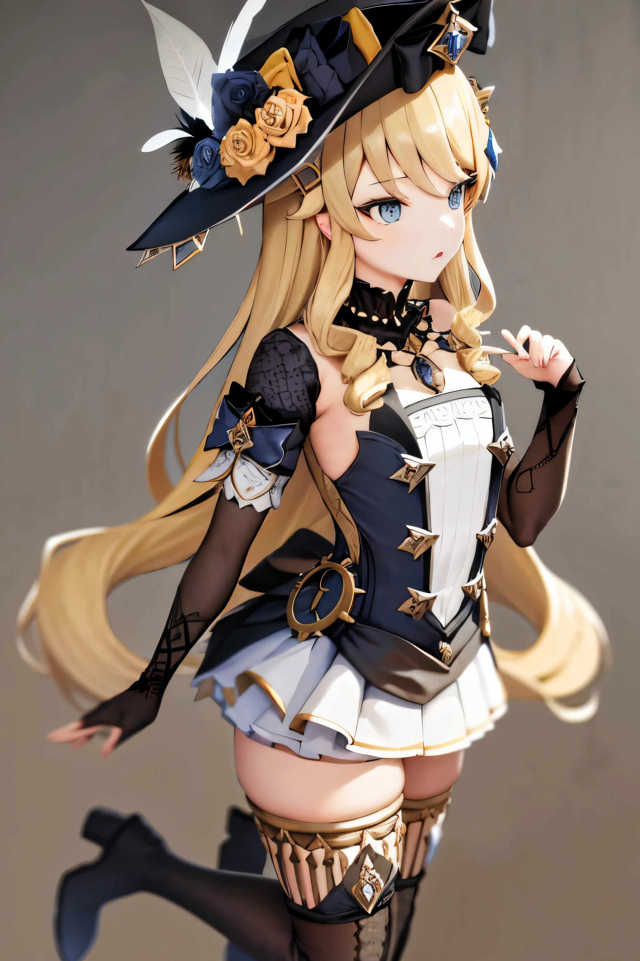masterpiece, best quality, highres, 1girl navia, black headwear hat flower hat feather black thighhighs black gloves boots