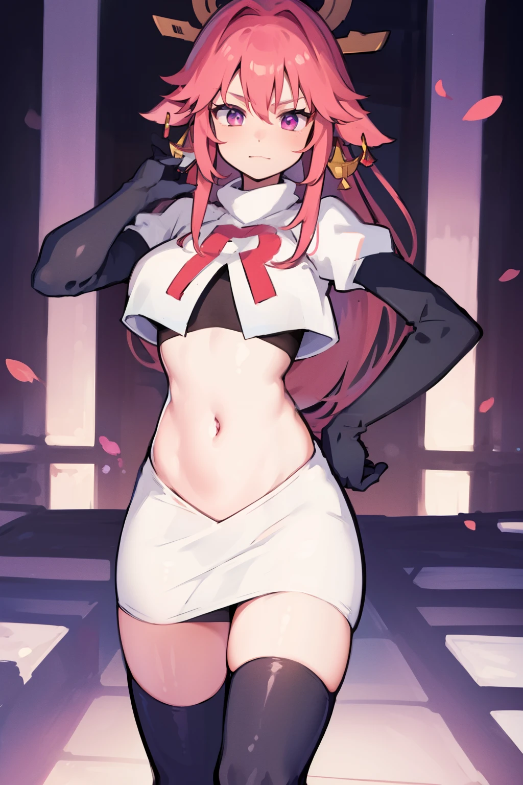 ((masterpiece, best quality)),8k ,Yae miko,1girl, \n/, animal ears, breasts, earrings, flower, fox ears, gem, hair between eyes, hair ornament, jewelry, long hair, medium breasts, miko, pink eyes, pink flower, pink hair, purple gemstone, sidelocks,team rocket,team rocket uniform,white skirt,crop top,black thigh-highs,black elbow gloves,
