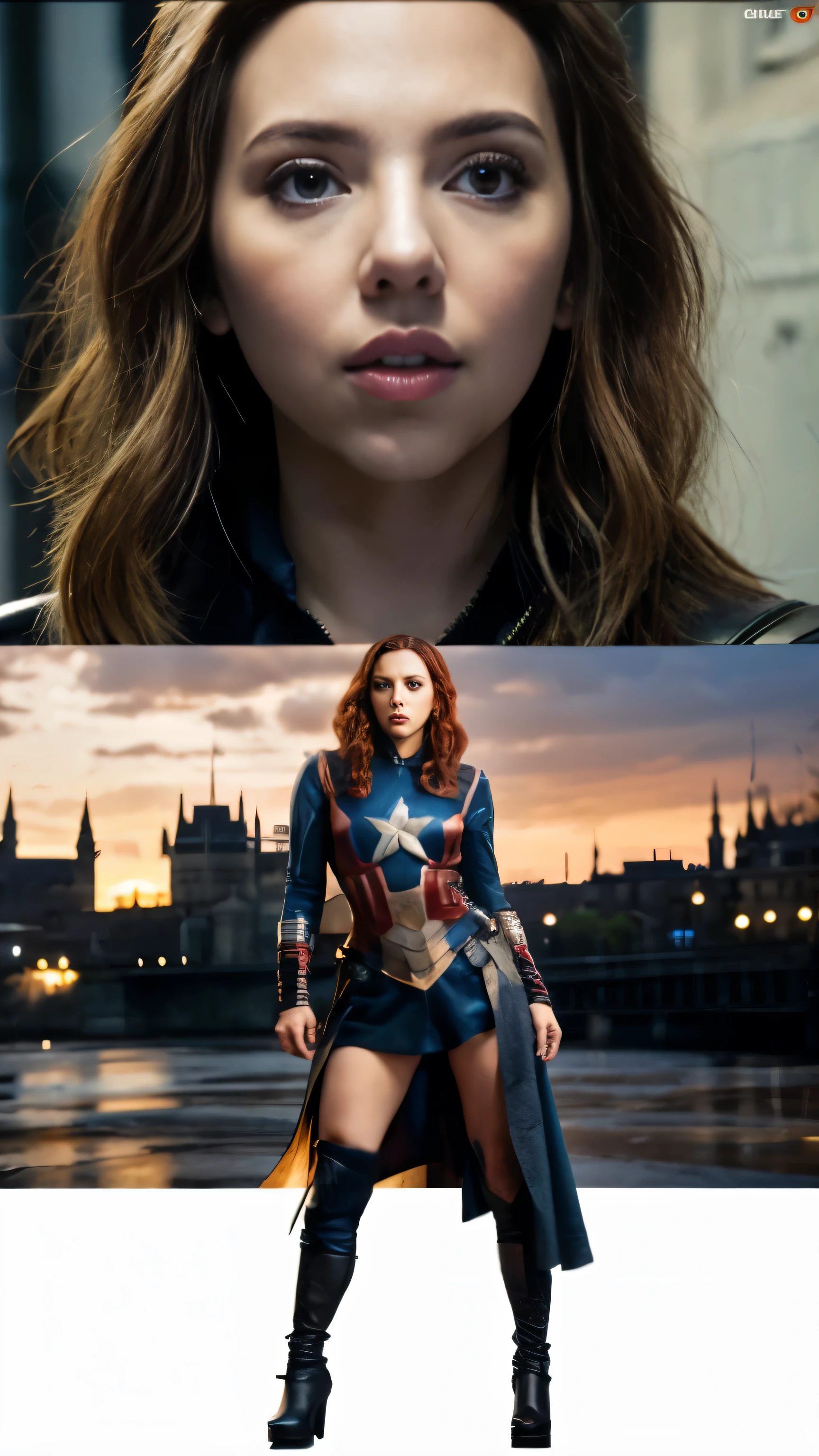 with high definition images,scarlett johansson images　facial details,Very detailed photo of a woman、Laura Elizabeth、Scarlet Witch、Avengers、8K UHD in white combat uniform、RAW photo、model photoshoot、Full body high-definition engraving、facial detailsと全身高画質画像で,