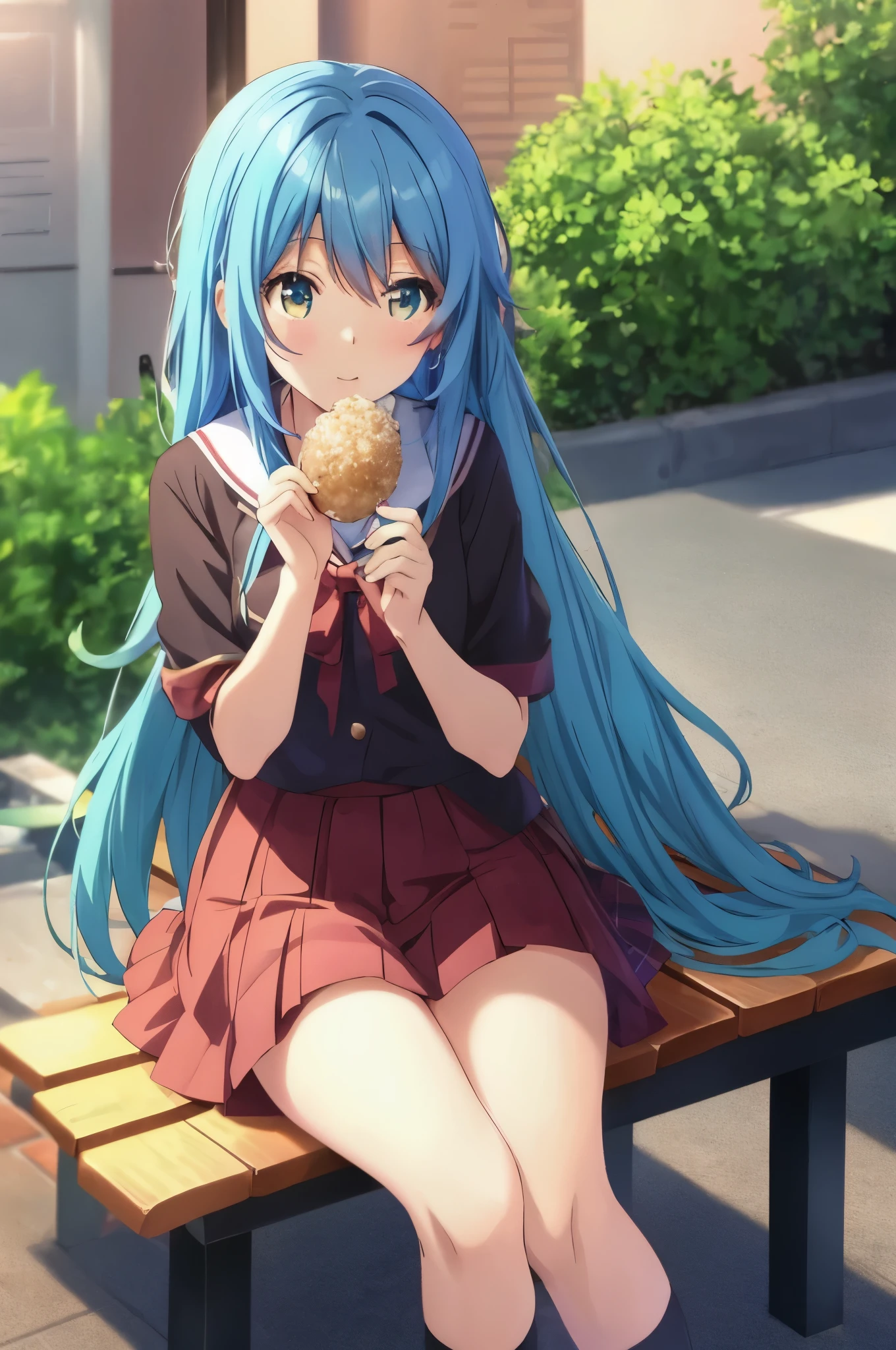 Anime girl sitting on a bench and eating rice balls, anime moe art style, anime style 4 k, Smooth anime CG art, teal hair anime girl, beautiful anime high school girl, mikudayo, Cute girl anime visual, anime style. 8K, visual novel CG, cute anime girl, Kyoto Animation style