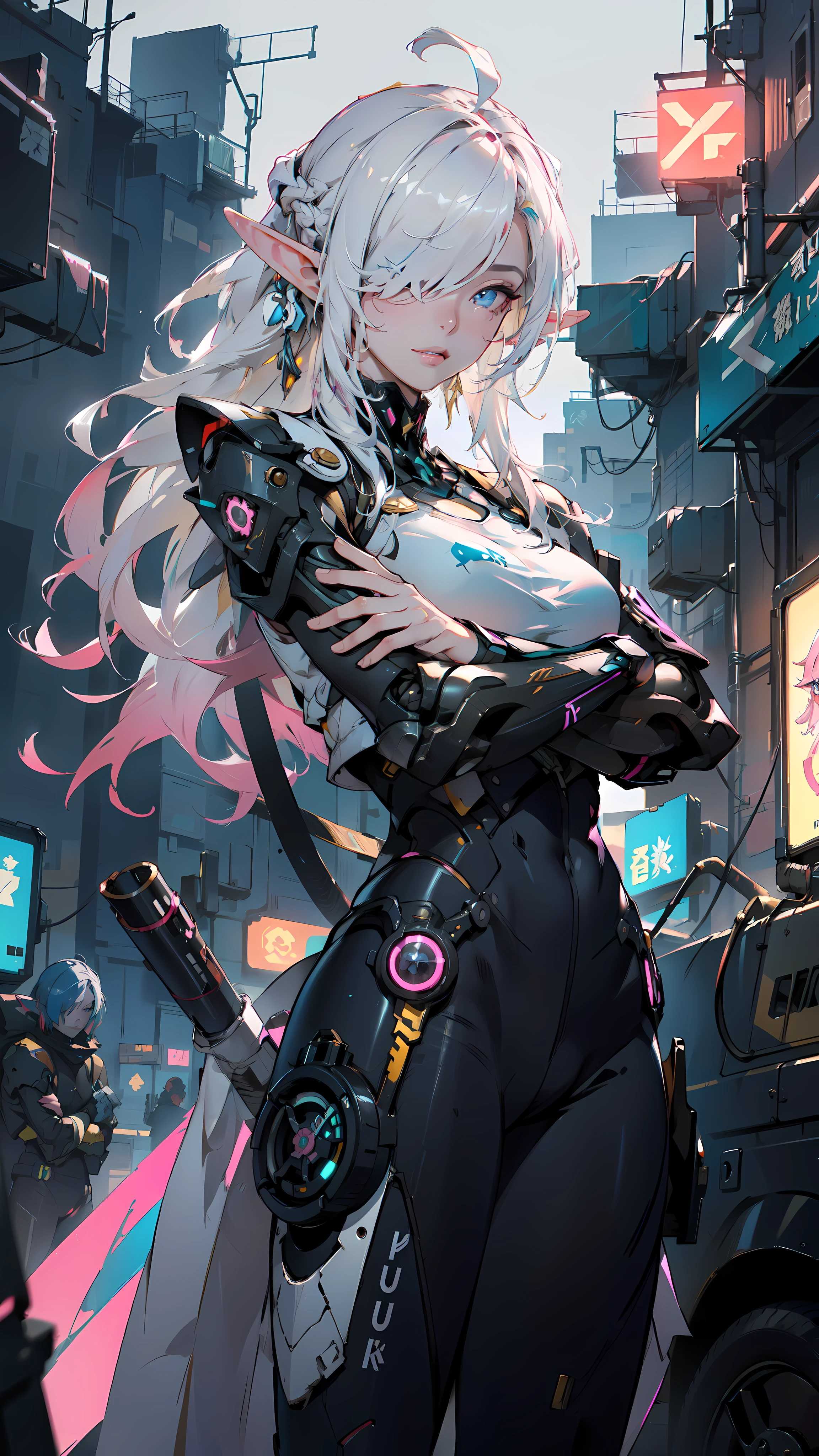 ((masterpiece)), (top quality), (best quality), ((ultra-detailed, 8k quality)), Aesthetics, Cinematic lighting, (detailed line art), absurdres, (best composition), (high-resolution),
BREAK,
Beauty of a elf girl, cyberpunk, mecha girl, tech wear uniform organic cyborg, white plastic, yellow techwear clothing, yellow and black safety tapes, full armor, Detailed Cloth, and armored Texture, cowboy shot, crossed arms, fantasy, intricate, elegant, highly detailed, lifelike, photorealistic, digital painting, artstation, illustration, concept art, smooth, sharp focus, art by Yoji Shinkawa, by Mikimoto Haruhiko, by Artgerm,
BREAK,
highly detailed of (elf), (1girl), solo, perfect face, details eye, ahoge, ((long hair:1.2)), (hair over one eye:1.3), [[Messy hair]], shiny blonde white hair, blue eyes, multicolored hair, (eyelashes, eyeshadow, pink eyeshadow), smile, design art by Mikimoto Haruhiko, by Kawacy, By Yoshitaka Amano,
BREAK, 
((perfect anatomy)), perfect body, Abs, medium breast, best hands, perfect face, beautiful face, beautiful eyes, perfect eyes, (perfect fingers, deatailed fingers), correct anatomy, 
BREAK, 
Watercolor wash painting, muted colors, warm colors, best quality, delicate brushwork,painting style background, abandoned building, neon-lit cyberpunk cityscape, industrial, cables and pipes, ventilation ducts, (depth of field:1.2), (blurry background:1.2),the style of Mikimoto Haruhiko, Artgerm, Kentaro Miura style, the style of Mikimoto Haruhiko, Artgerm, Kentaro Miura style,
