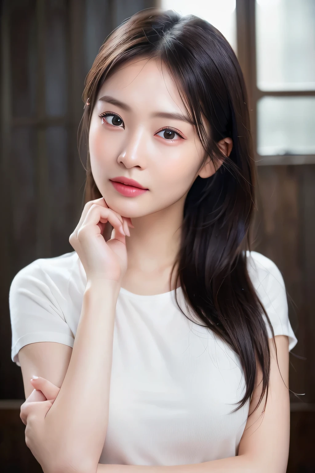 dressed, (photo realistic:1.4), (hyper realistic:1.4), (realistic:1.3), (smoother lighting:1.05), (increase the quality of cinematic lighting:0.9), 32K, 1 girl,20 year old girl, realistic lighting, Backlight, light shines on your face, ray tracing, (bright light:1.2), (Improvement of quality:1.4), (Highest quality realistic textured skin:1.4), fine eyes, detailed face, (tired, sleepy and happy), (smile:0), close up of face, T-shirt, (Enhances the mood of your body line:1.1), (Enhances the beauty of skin texture:1.1)(worried look)、(folded hands pose)、Has pores