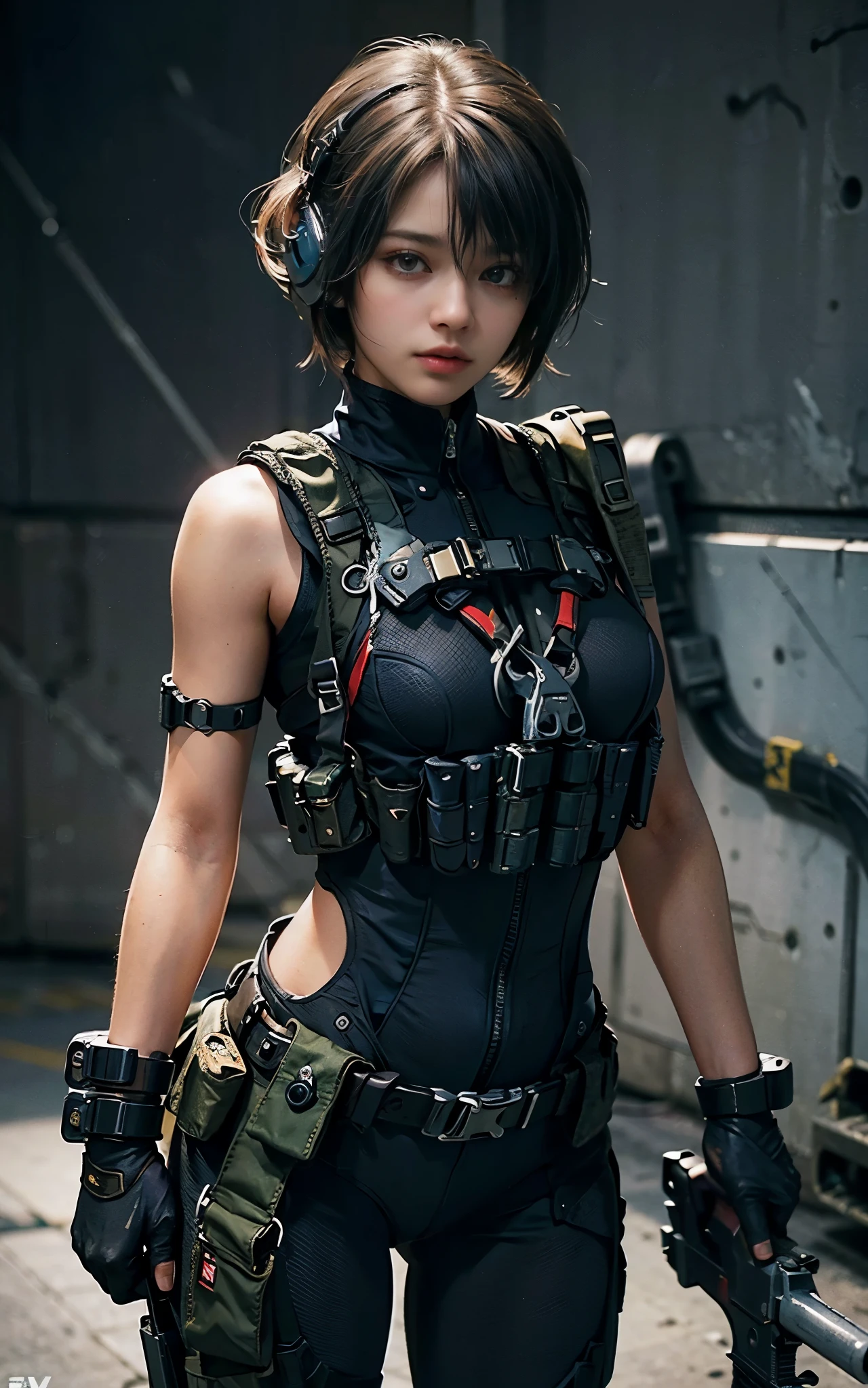 ((Best Quality, 8K, Masterpiece: 1.3)), ((best quality)), photorealistic, photorealism, Photorealistic, high resolution, 1girl aiming with an ak-47 assault rifle, Combat pose, looking at the camera, (Detailed face), short hair, (wearing red rubber suit, tactical vests, military harness, black gloves, high-tech headset), cloths color based on black dark blue), revealed thigh, Gun, Fingers are occluded, concrete wall background,