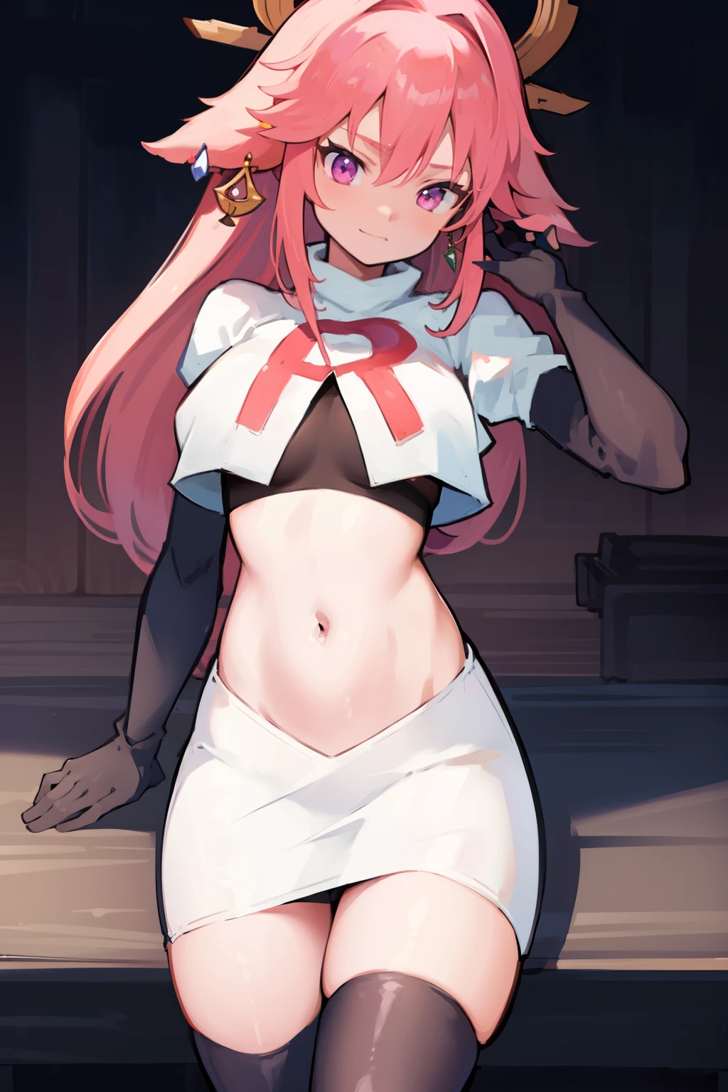 ((masterpiece, best quality)),8k ,Yae miko,1girl, \n/, animal ears, breasts, earrings, flower, fox ears, gem, hair between eyes, hair ornament, jewelry, long hair, medium breasts, miko, pink eyes, pink flower, pink hair, purple gemstone, sidelocks,team rocket,team rocket uniform,white skirt,red letter R,crop top,black thigh-highs,black elbow gloves