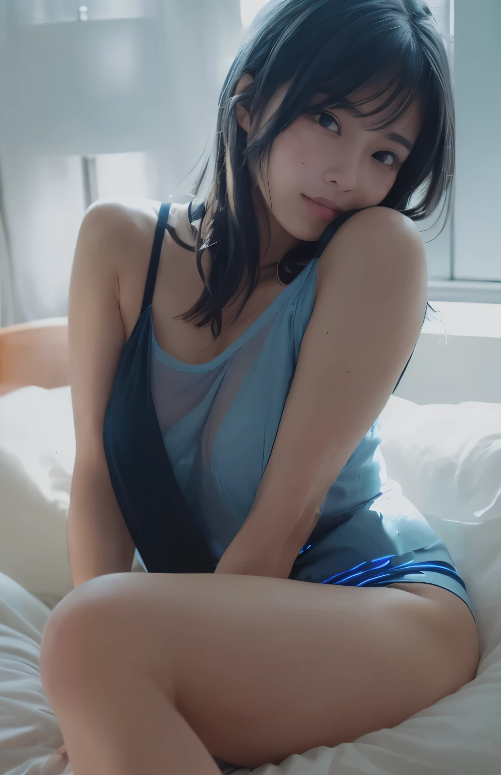 (dark blue light:2.0), Highest Quality, ​masterpiece, Beautiful Girl, Japanese, Cute Girl, 1 girl,(Biting the lower lip:1.4),(squinting:1.6),(Ecstasy:1.4),Shot with Canon EOS 5D Mark IV, Beautiful Japan Woman, (soft focus:1.4), 