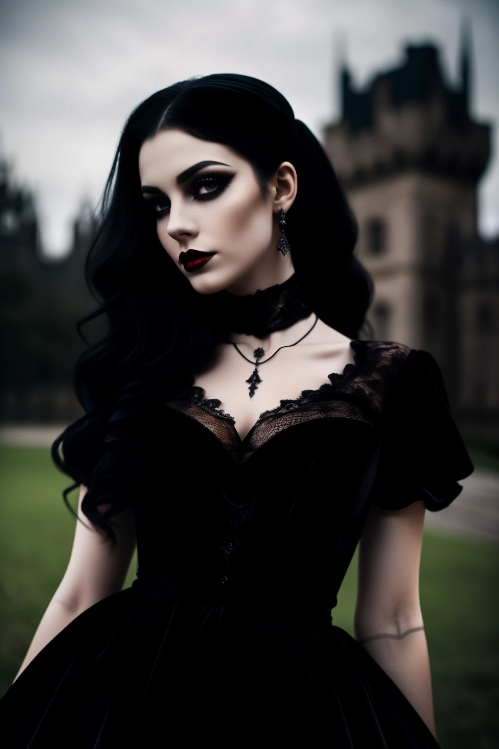 ((Best quality, 8k, Masterpiece, Sharp focus, 50mm lens, f/1.4, captivating gothic figure :1.1)), side lighting, ((black velvet dress with lace details :1.3)), (red lipstick and dark eyeliner:1.2), (castle background:1.2), skeleton necklace, Highly detailed pale skin and freckles:1.2, Detailed deep-set eyes with dark circles:1.2, Creepy yet beautiful long curly black hair, Half-body, looking straight at the viewer, gothic makeup, shimmering eyeshadow, High-contrast,