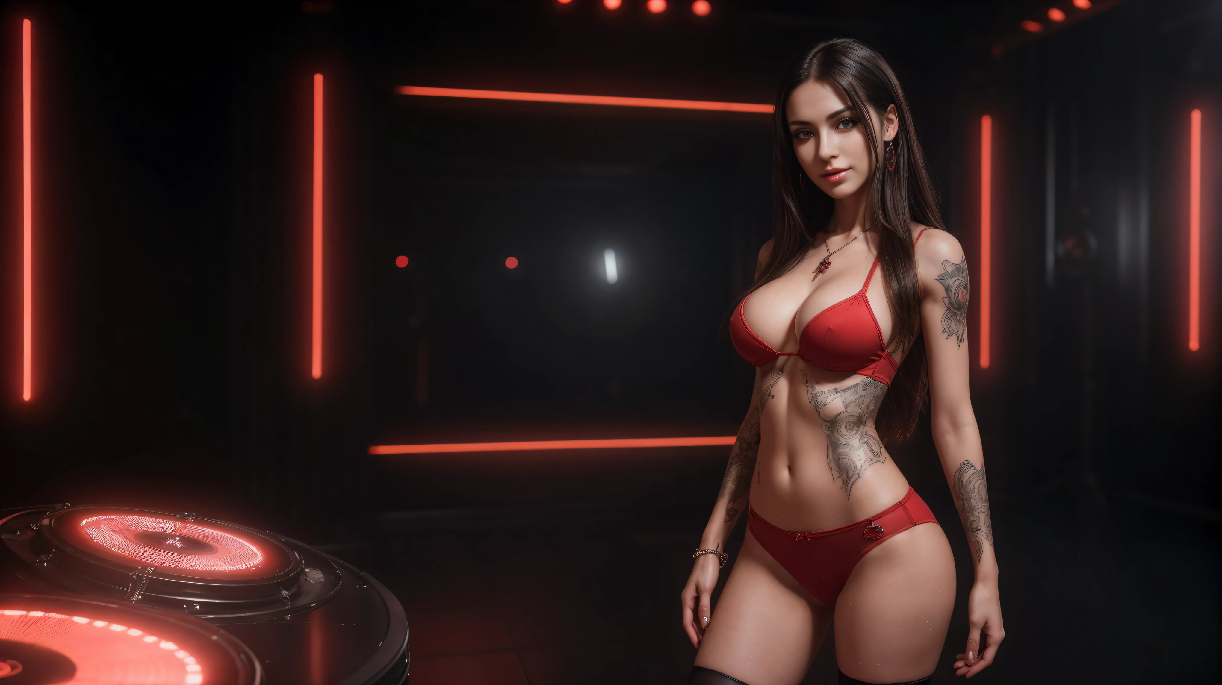 8k, masterpiece, RAW photo, best quality, photorealistic, extremely detailed CG unity 8k wallpaper, Depth of field, Cinematic Light, Lens Flare, Ray tracing, (extremely beautiful face, beautiful lips, beautiful eyes), intricate detail face, ((ultra detailed skin)), ((1girl:1.6)), ((alone:1.5)), ((seductively standing)), at night inside a dance-music studio, deep shadow, [[Raiana-Elizabeth-Dilla]], pretty girl, (very slim slender fit-muscled body:1.3), ((beautiful legs:1.4)), ((looking at viewer)),(big smile:1), (sexy ((see-through)) ((ultra-short ((red:1.2)) rave-style uniform))), ((fanfare scenery,nightlife,musiclife)), (neon lights,dance music), (blurred background:1.4), ((without people in the background:1.5)), beautiful earrings, bracelets, necklace, red pendant, clear eyes, ((tattoos)), (pale skin), (face forward), ((whole-body-view)), ((full-body:1.8, cinematic shot)), soft lighting, (long black hairs), (looking at viewer:1.8), cleavage breasts, large breasts, touching the breast, highly detailed, ultra realistic, extremely detailed and realistic ((red:1.2)) clothes.