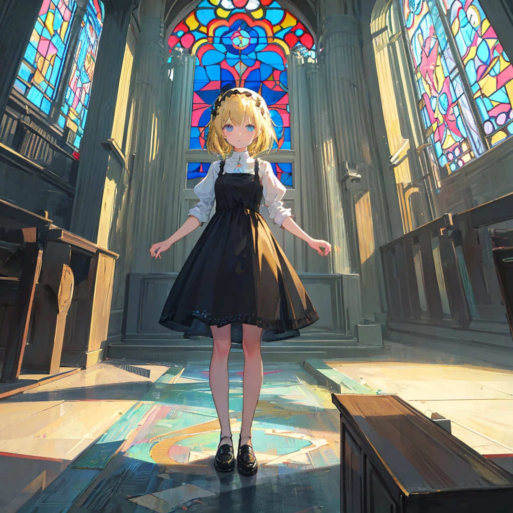 (1 girl, blonde hair, black sundress, kawaii), (abandoned church, light blue stained glass)