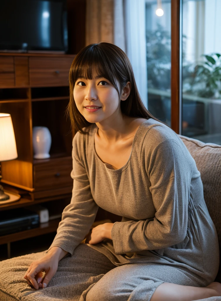A 40-year-old Japanese housewife with a plump figure,Nightgown,living room