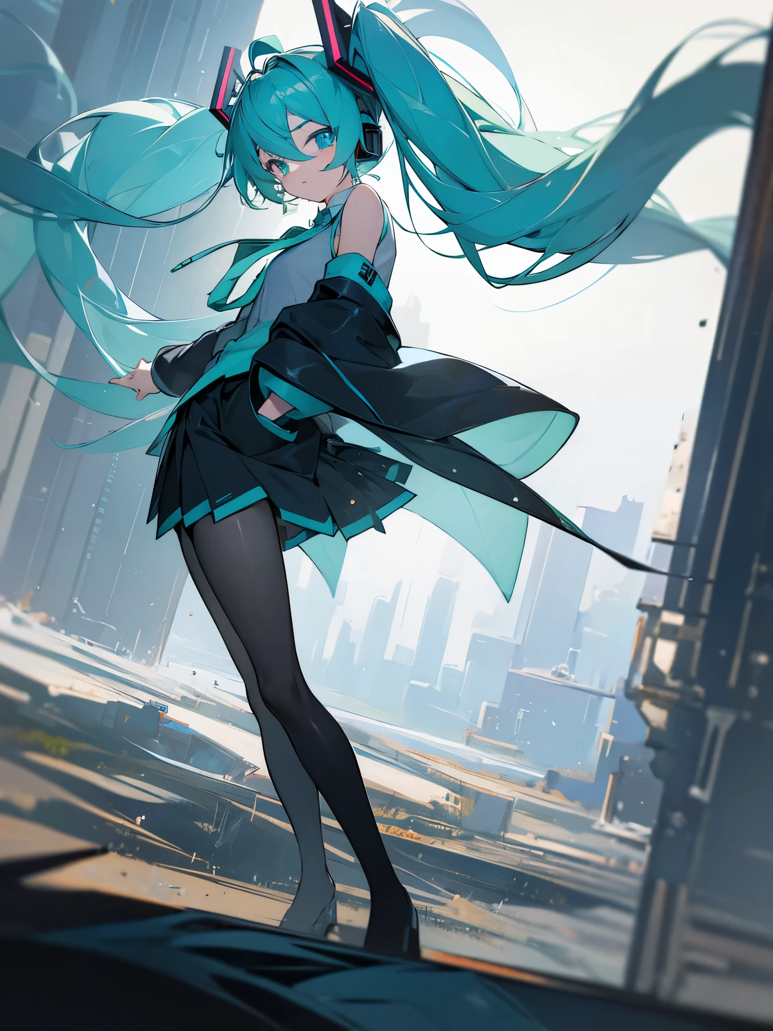 hatsunemiku, miku hatsune, ahoge, aqua eyes, aqua hair, crossed bangs, hair between eyes, hair ornament, headphones, long hair, twintails, BREAK aqua necktie, black footwear, black skirt, black sleeves, boots, collared shirt, detached sleeves, grey shirt, necktie, pleated skirt, shirt, skirt, sleeveless, sleeveless shirt, thigh boots, tie clip, BREAK looking at viewer, BREAK outdoors, city, BREAK (masterpiece:1.2), best quality, high resolution, unity 8k wallpaper, (illustration:0.8), (beautiful detailed eyes:1.6), extremely detailed face, perfect lighting, extremely detailed CG, (perfect hands, perfect anatomy),