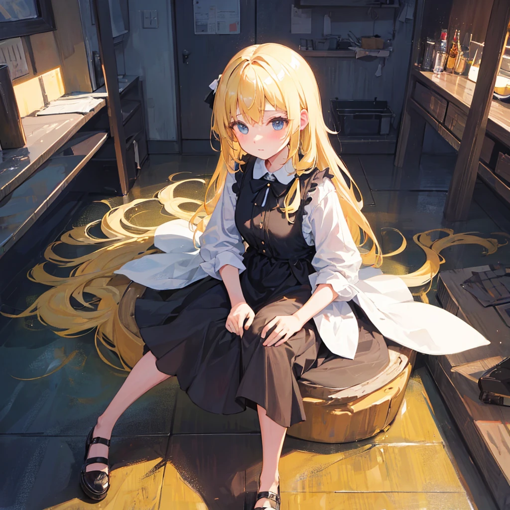 1 girl, blonde hair, black sundress, kawaii