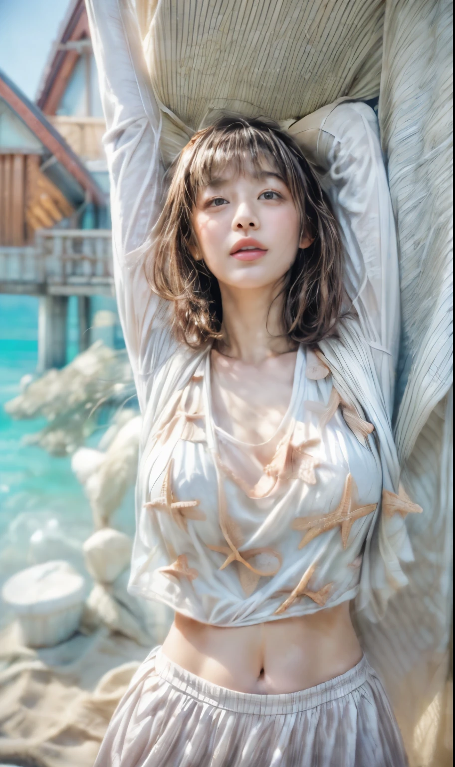 masterpiece、8K、32K、highest quality、(Detailed both eyes)、(cute japanese woman、bangs:1.3)、23 years old、1 girl、elegant、black hair、(movie、Ilford HP5、80mm:1.4)、(huge :1.2)、Raise your arms up、(beach house、cliff:1.7)、Sexy Gravure