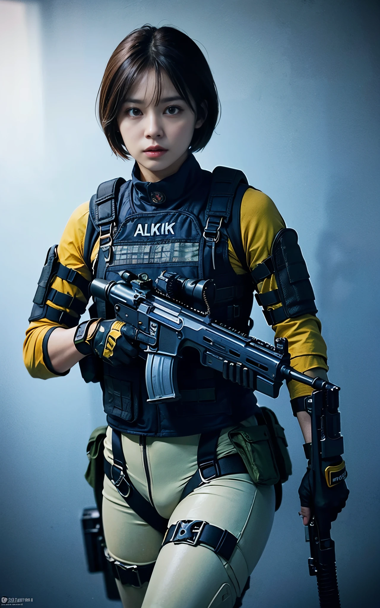 ((Best Quality, 8K, Masterpiece: 1.3)), ((best quality)), photorealistic, photorealism, Photorealistic, high resolution, 1girl aiming with an ak-47 assault rifle, Combat pose, looking at the camera, (Detailed face), short hair, (wearing red rubber suit, tactical vests, military harness, black gloves, high-tech headset), cloths color based on black dark blue), revealed thigh, Gun, Fingers are occluded, concrete wall background,