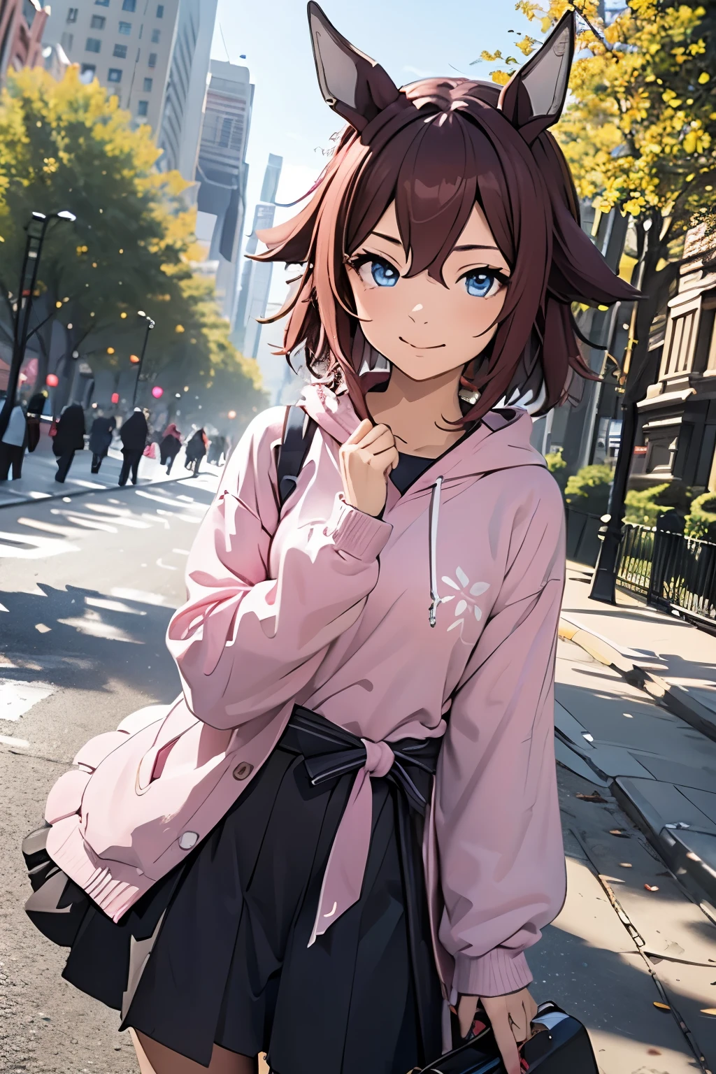 Uma Musume(Sakura Chiyono-O)、red hair、horse ears、horse tail、blue eyes、Pink hoodie、cute、smile、bright persona、younger sister、Sketching in New York&#39;s Central Park、high quality、high resolution