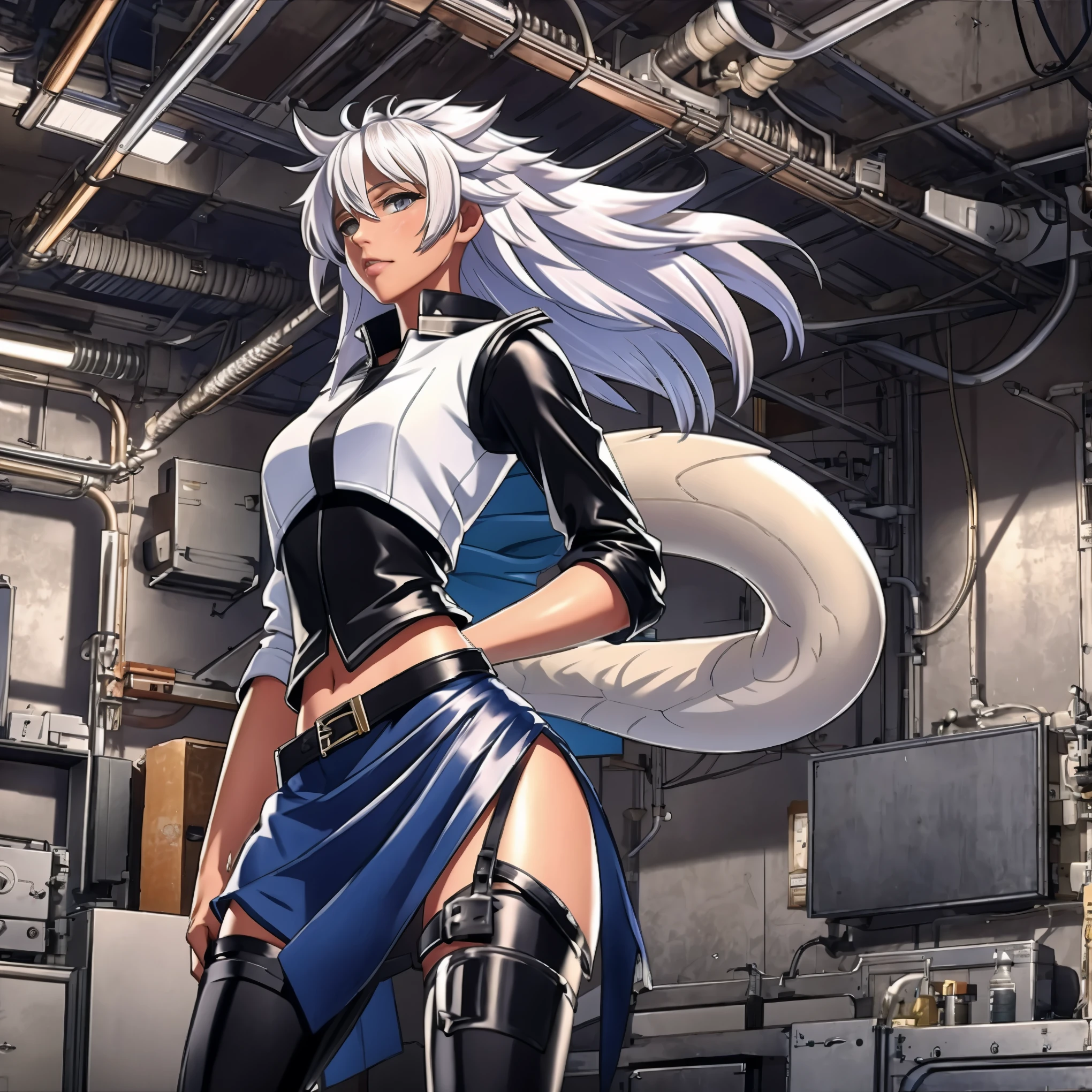 8k, resolution, high quality, high resolution, best quality, extremally detailed, best resolution, absurd resolution, ray tracing, high detailed, masterpiece, extremely detailed,shoulder length white hair, female,2 white wolf ears, teenage girl, slim body,white scale dragon tail, military boots,black leggings, navel blue school skirt, sailer shirt,black bullet proof vest,white jacket, medium size chest, detailed blue eyes, detailed beautiful face,solo female,1 dragon tail, detailed eyes, tomboyish, dragon tail, white scales,MP5