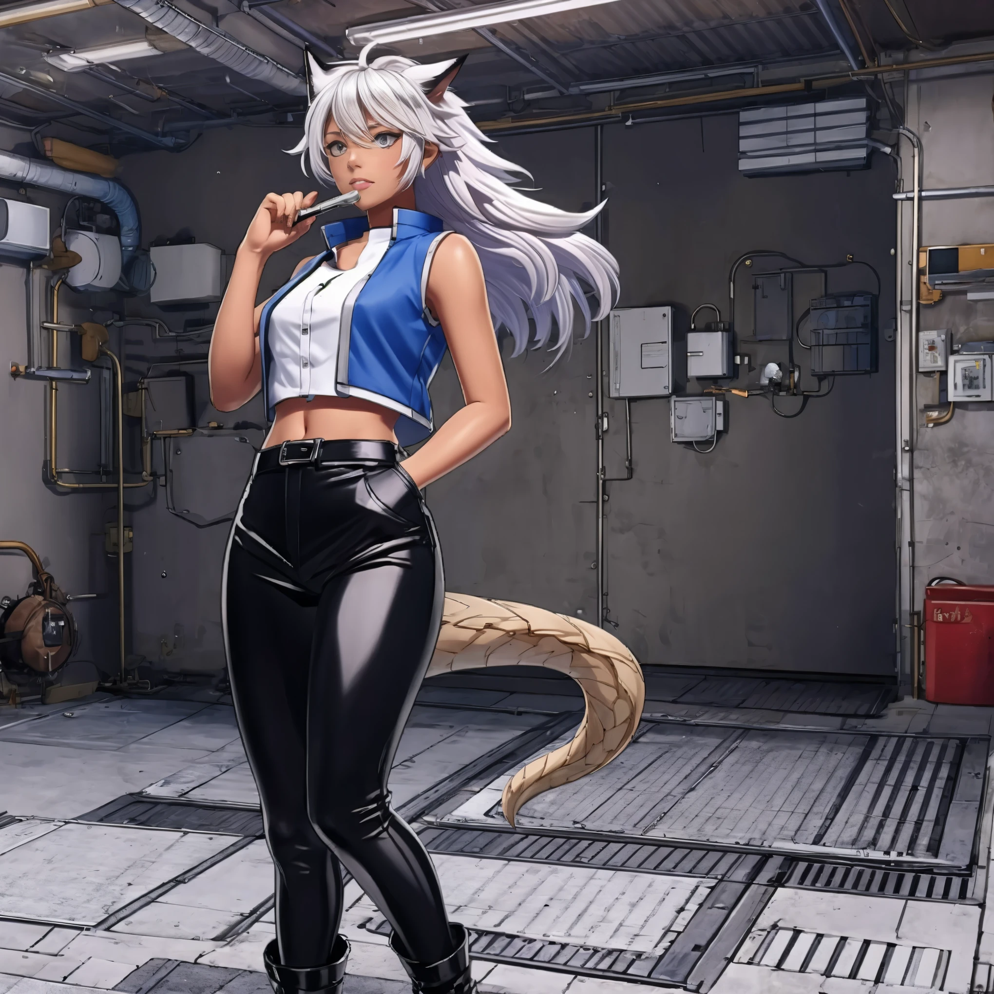 8k, resolution, high quality, high resolution, best quality, extremally detailed, best resolution, absurd resolution, ray tracing, high detailed, masterpiece, extremely detailed,shoulder length white hair, female,2 white wolf ears, teenage girl, slim body,white scale dragon tail, military boots,black leggings, navel blue school skirt, sailer shirt,black bullet proof vest,white jacket, medium size chest, detailed blue eyes, detailed beautiful face,solo female,1 dragon tail, detailed eyes, tomboyish, dragon tail, white scales,MP5