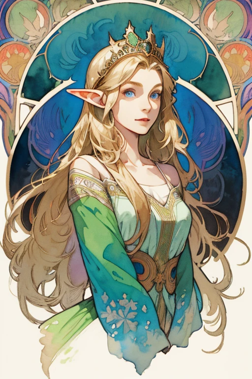 (Best Picture), (Watercolor), ((Matte)), (by Mucha), (Thick Outline), Flowing Lines, (High Resolution, Super Detail), Elf, 1 girl, 14 years old, Skinny,Shin,(Flat breasts), Straight Long Hair, Beautiful golden hair, Blue eyes, Parted bangs, Hair swaying in the wind, Simple tiara, White skin, Front and upper body, Standing, Green queen dress, collarbone, geometric pattern, (flower), front, hand down, soft air, gentle smile, wind magic, symmetry