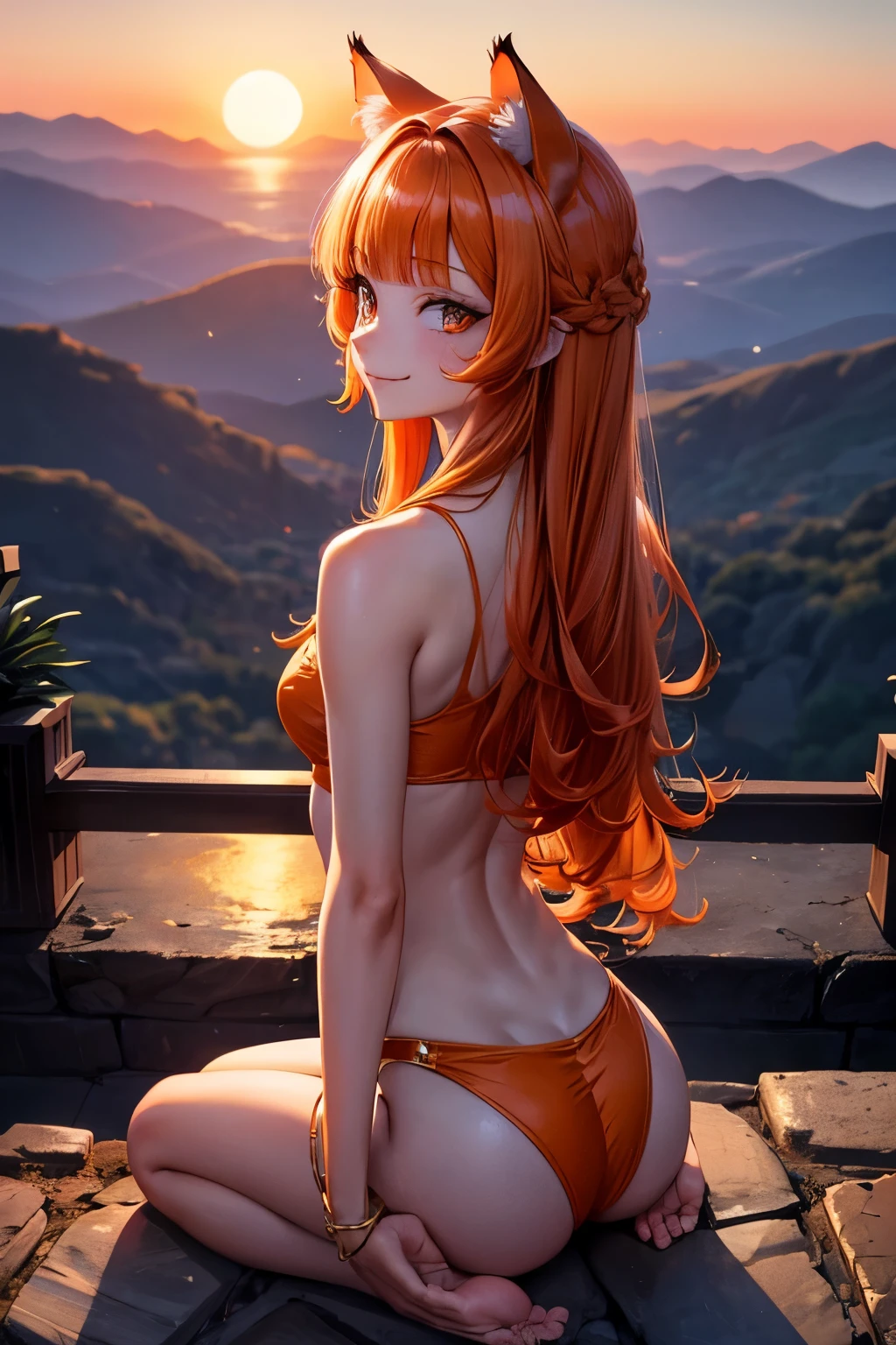 Top quality, high resolution, perfect human structure, indian style , from behind, lawn, orange hair, shiny hair, cat ears, heart shaped pupils, blunt bangs, wavy hair, tiny hair, evil smile, gradient eyes, Parker, sunset, sunset, moon, cityscape, mountain top, space