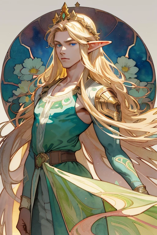 (Best Photo), (Watercolor), ((Matte)), (by Mucha), (Thick Contour), Flowing Lines, (High Resolution, Super Detail), Elf, 1 boy, 14 years old, Slim, Shin Guard,, Hair Long Straight, Beautiful golden hair, Blue eyes, Parted bangs, Hair blowing in the wind, simple crown, White skin, Front and upper body, Standing, Green king dress, collarbone, geometric pattern, (flower), front, hand down, soft air, serious, fire magic, symmetry