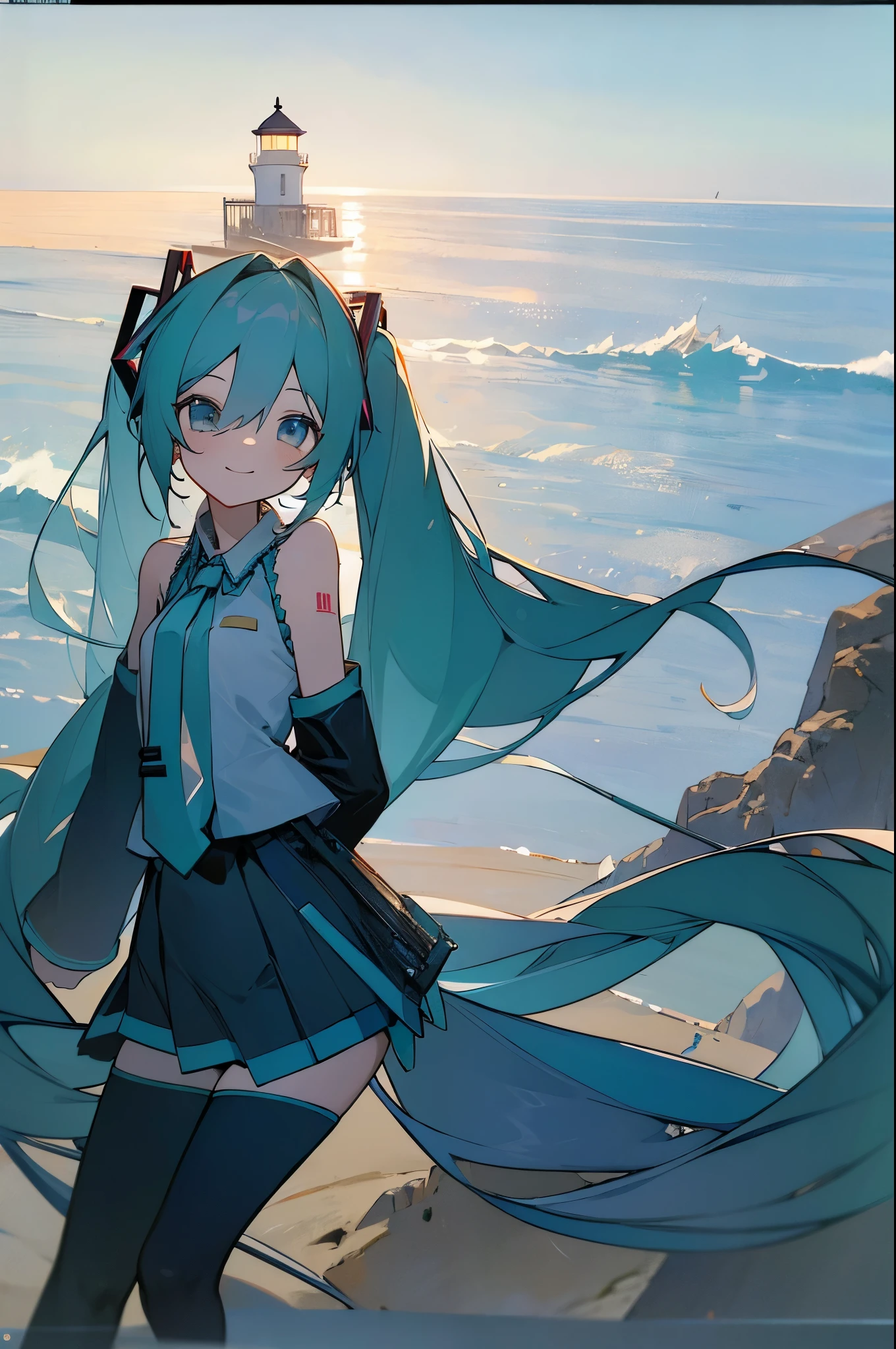 ((masterpiece)),(best quality),official art,extremely detailed CG,unity 8k wallpaper,ultra detailed,A lighthouse on a cliff by the sea,1girl,solo,cowboy shot,hatsune miku,looking at viewer,sleeveless shirt,white shirt,fringe,smile,black thighhighs,hair between eyes,twintails,very long hair,aqua eyes,aqua hair,detached sleeves,miniskirt,aqua necktie,thigh boots,