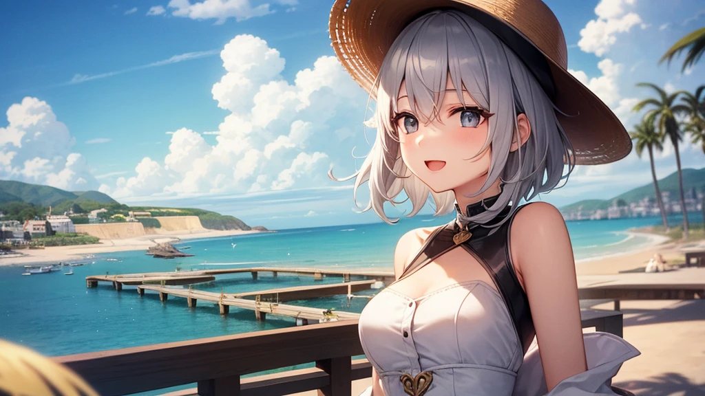super high quality, with a girl, 20-year-old, very short hair, long bangs between the eyes, gray eyes , blue sky, sunlight, very detailed,(masterpiece、highest quality)、alone、gray hair、laughter、fantasy, silver hair, black eye, beautiful eyes,, ecstasy, charm, be smitten with audience, fantasyな風景、seaside、white clothes、hat、Princess