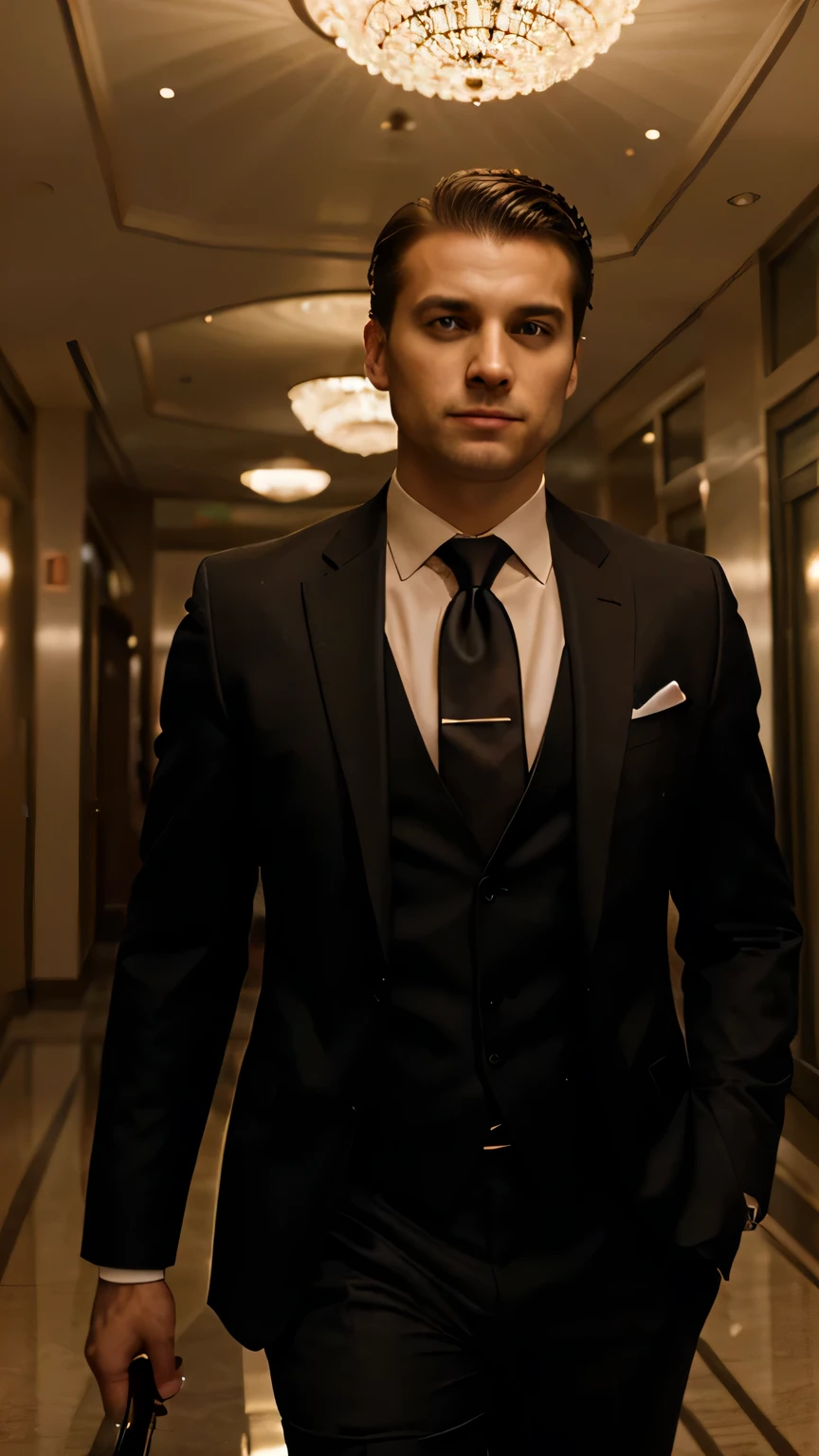An elegant man in a suit, tie and businessman hairstyle, successful person, indoors, illuminated by lights, gorgeous lobby background,film stock photograph,looking into camera