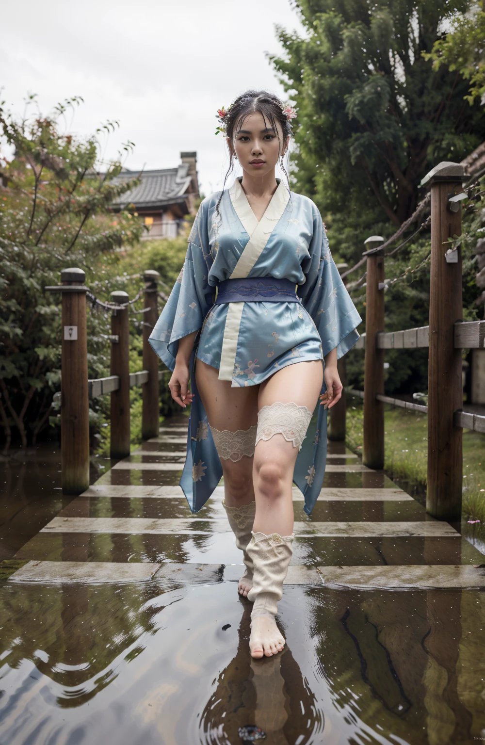 extremely detailed CG unity 8k wallpaper, realistic, hand by Guido Daniele, wearing kimono_clothes, wooden bridge, sakuramon, wreath,lace-trimmed kimono, stone brick road, wet road, clogs, two toe socks, huge , 