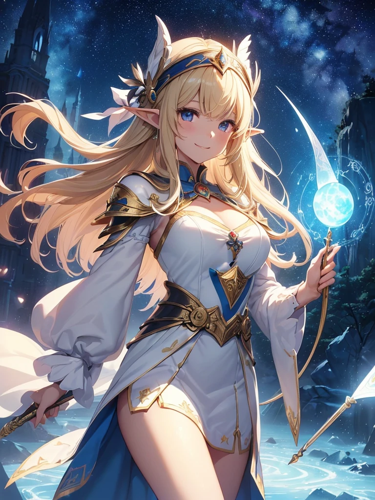 highest quality、Highest image quality、masterpiece、Super beautiful elf beauty((22 years old OL big bust、Bust 98,beautiful long ironed hair、blonde、elf ears、Goddess Athena、nice buddy、slender、Close-up、Esbian、High quality、beautiful art、background starry sky、、beautiful sky、future city、muste piece、visual art、Depth of bounds written、、magic of light、space knight、A happy smile、gentle light、、Beautiful legs that are gentle on the skin、、、Number of fingers to achieve precise finger movements、ticker beautiful decorative、elegant、mystical rosa、 beautiful dressy、、、renaissance art、friendly smile、、beautiful dress armor、magic circle、attacking magic、Holding a spear